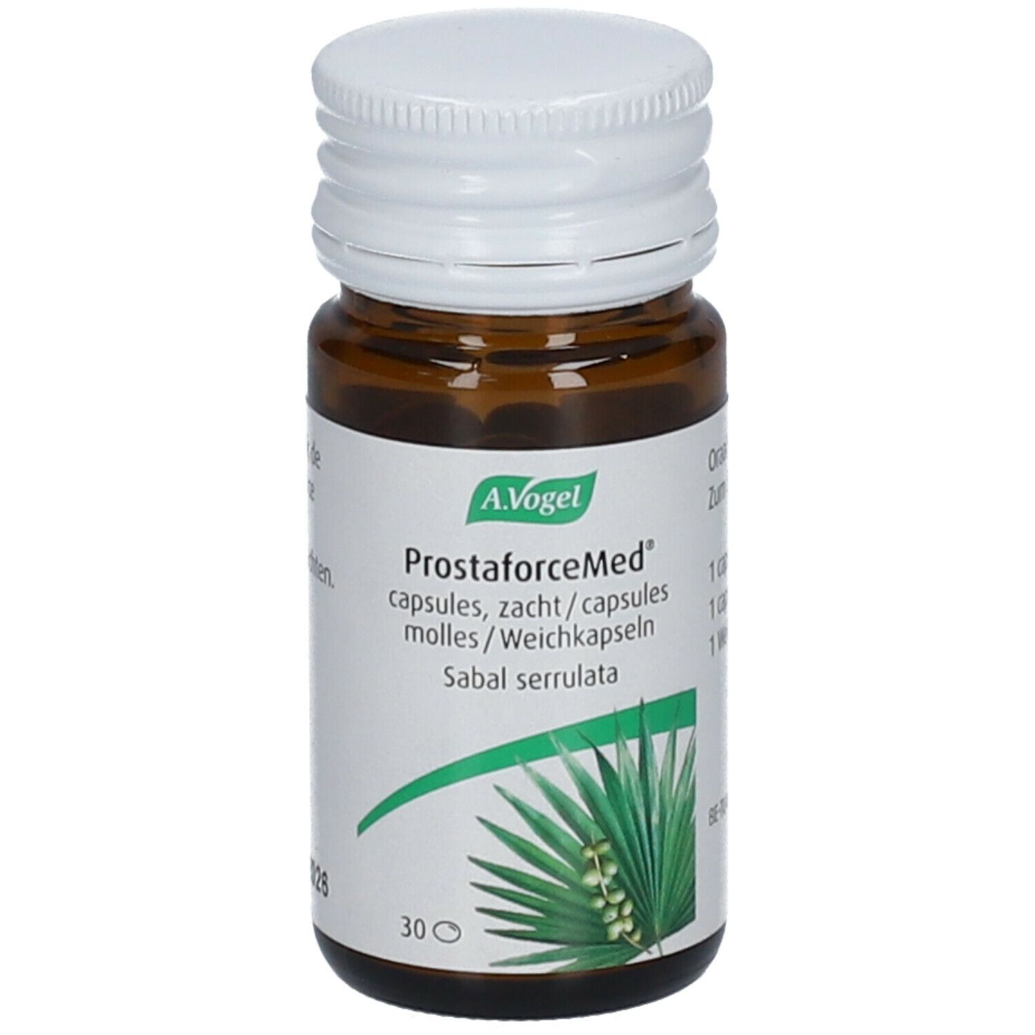 Bruine glazen fles met witte dop. Etiket met naam, ingrediënten en dosering. 30 capsules.