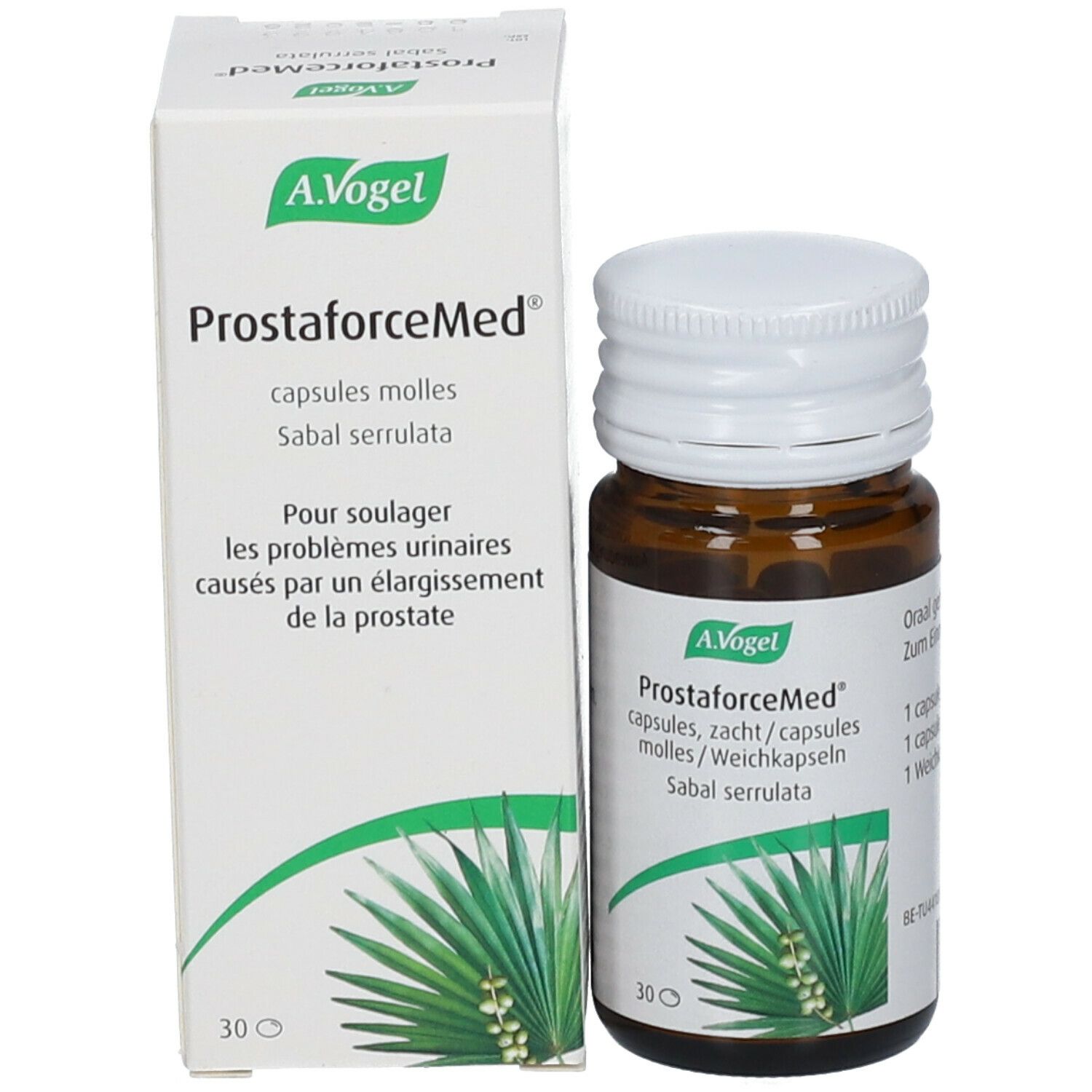 Productfles en doos. Doos met productnaam en beschrijving. Fles met 30 capsules.