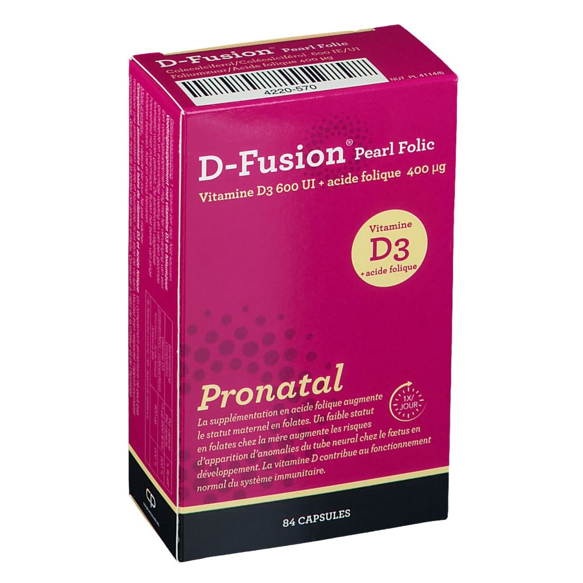D-Fusion Pearl Folic verpakking. Bevat vitamine D3 en foliumzuur. Roze verpakking met info en 84 capsules.