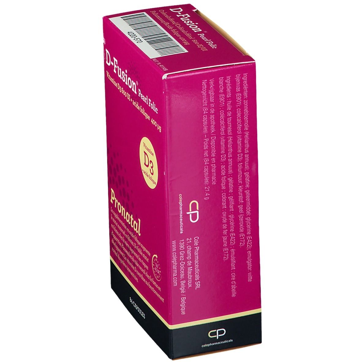D-Fusion Pearl Folic verpakking, schuin. Roze verpakking met info. Bevat vitamine D3 en foliumzuur. 84 capsules.