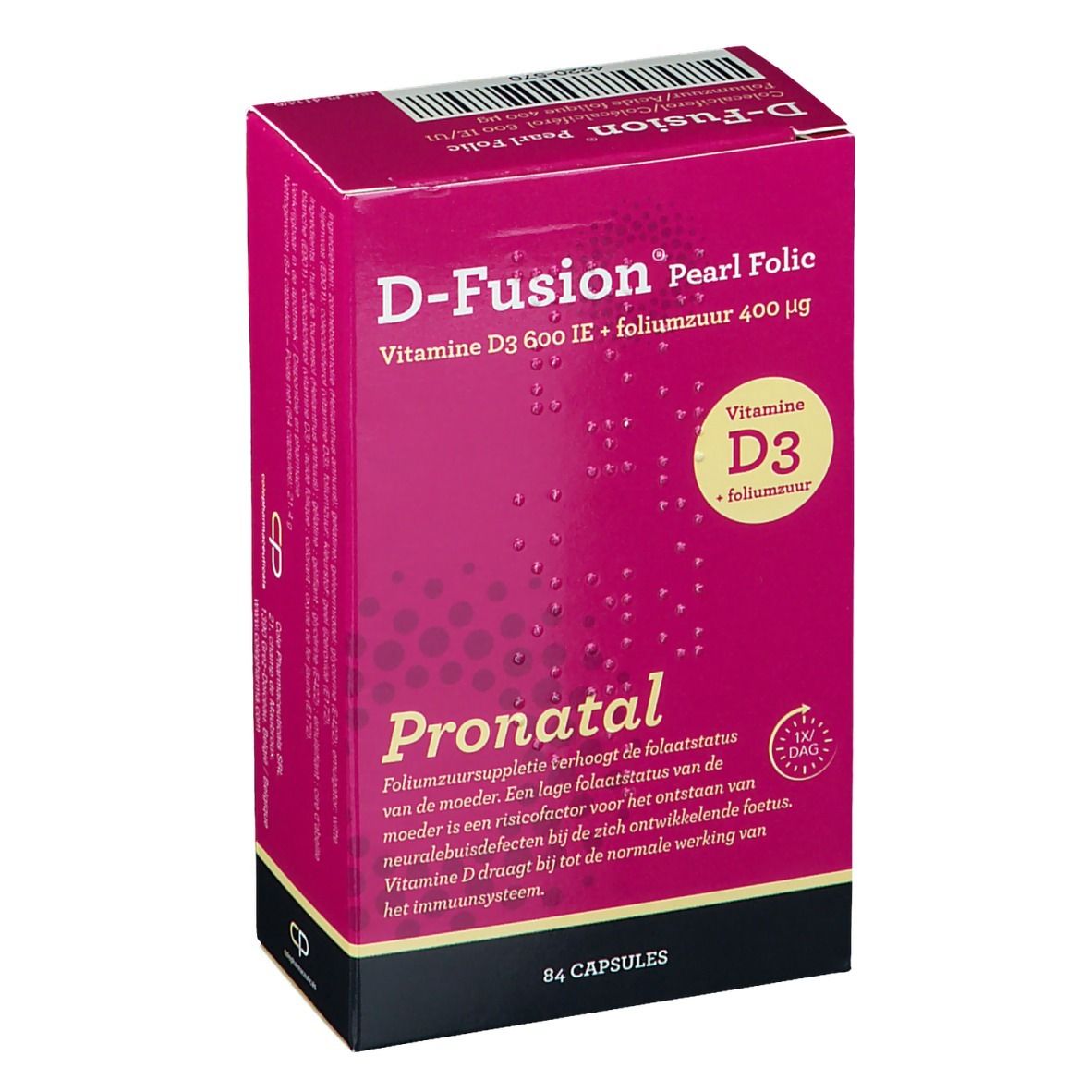 D-Fusion Pearl Folic verpakking. Bevat vitamine D3 en foliumzuur. Roze verpakking met info en 84 capsules.