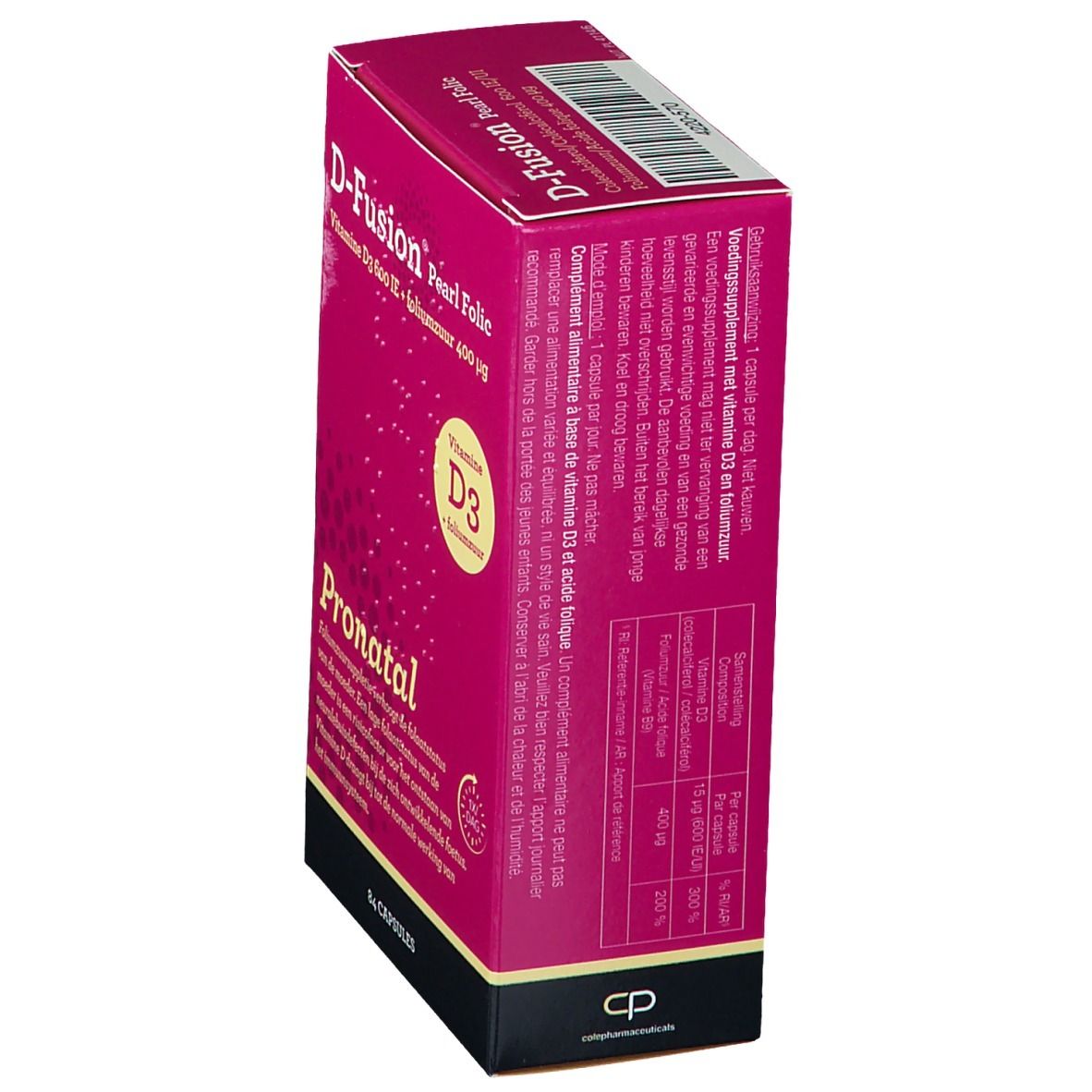 D-Fusion Pearl Folic verpakking, schuin. Roze verpakking met info. Bevat vitamine D3 en foliumzuur. 84 capsules.