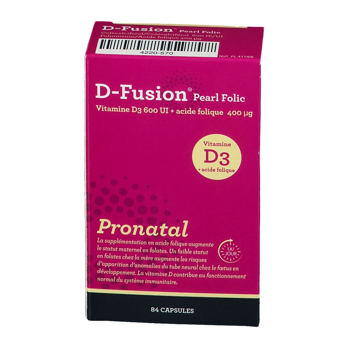 D-Fusion Pearl Folic verpakking. Bevat vitamine D3 en foliumzuur. Roze verpakking met info en 84 capsules.