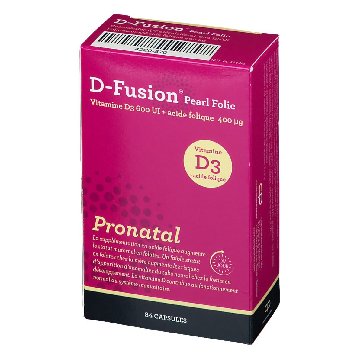 D-Fusion Pearl Folic verpakking. Bevat vitamine D3 en foliumzuur. Roze verpakking met info en 84 capsules.