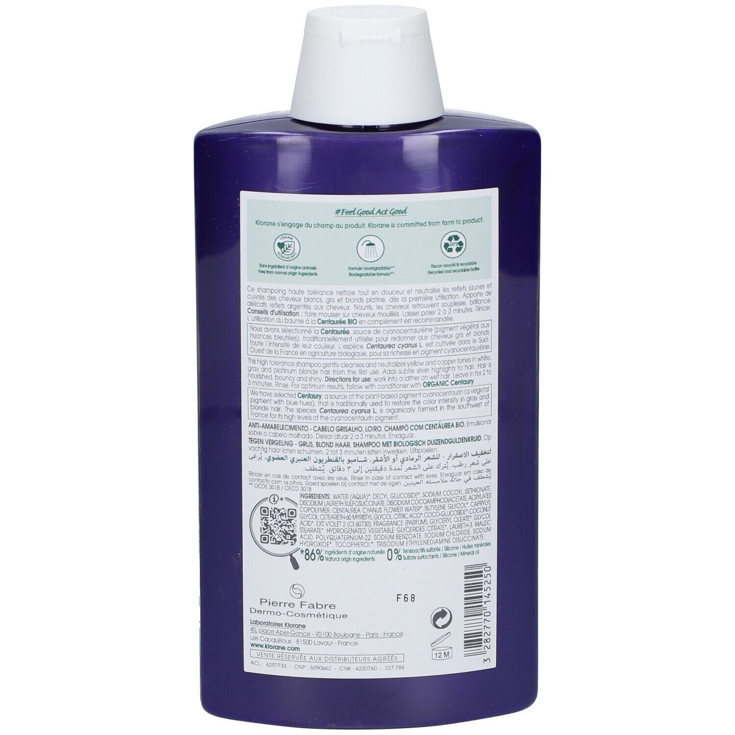 Achterkant van de Klorane shampoo fles. Tekst en ingrediënten op etiket. QR-code en logo Pierre Fabre.