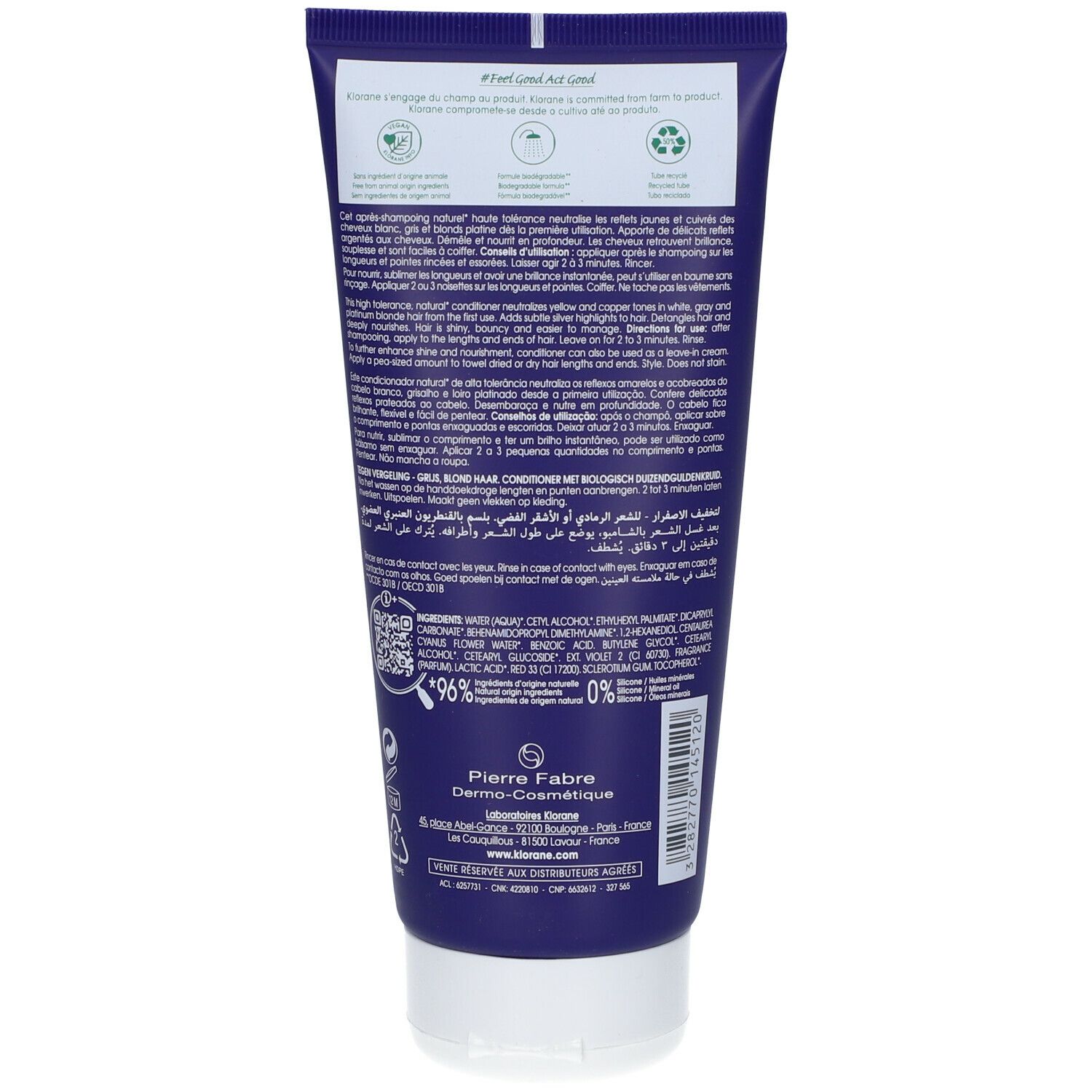 Dos du tube bleu. Texte multilingue, ingrédients, logos et sceaux. Inscription : Pierre Fabre Dermo-Cosmétique.