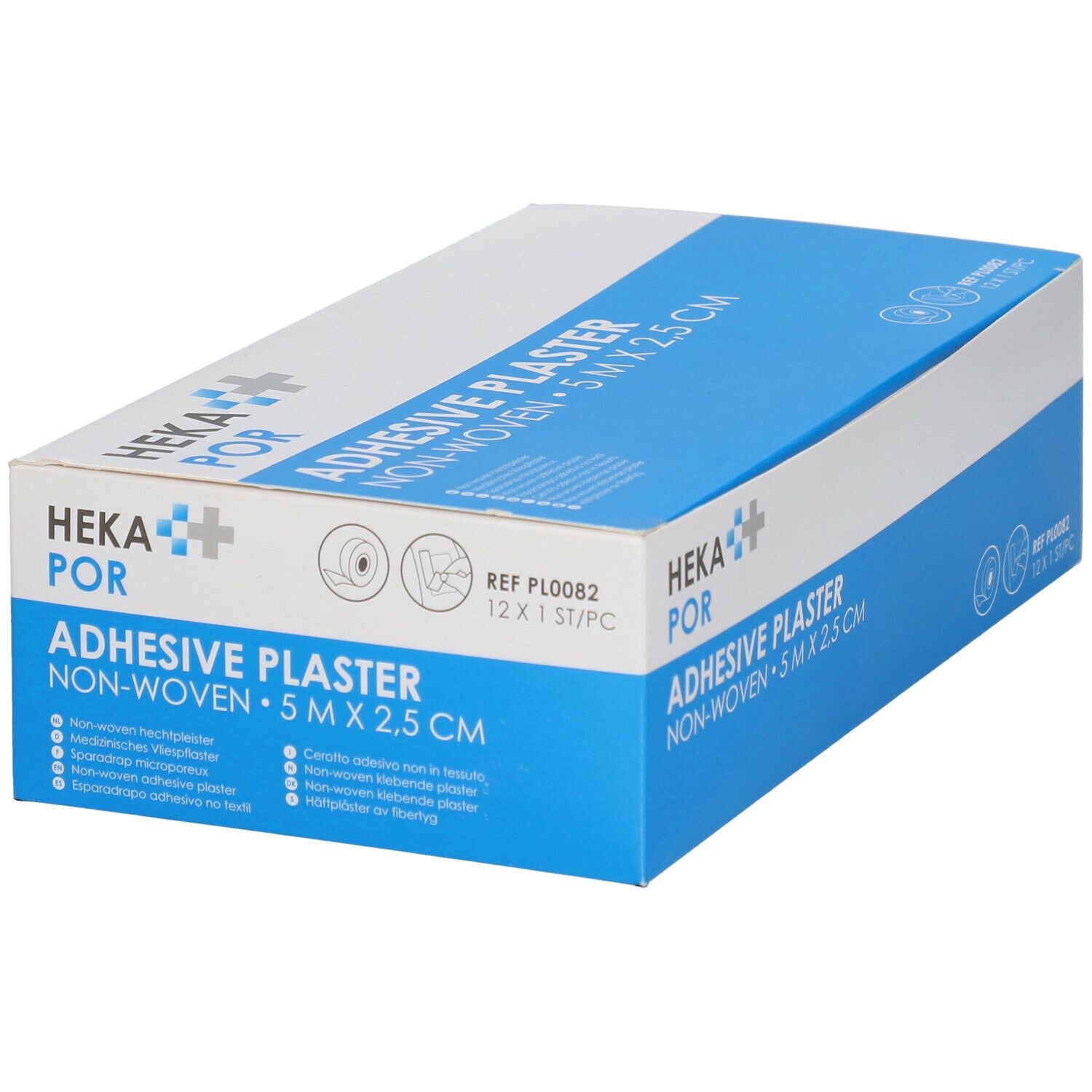 Schuine weergave van de HEKA POR Adhesive Plaster doos. Blauw en witte verpakking met productinformatie en logo.