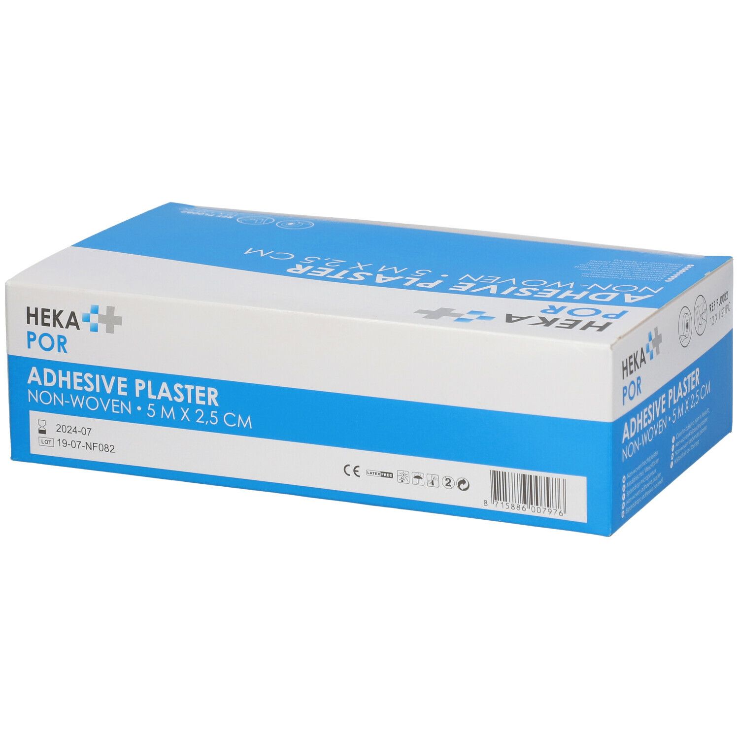 HEKA POR Adhesive Plaster doos. Blauw en witte verpakking met productinformatie, logo en CE-markering.