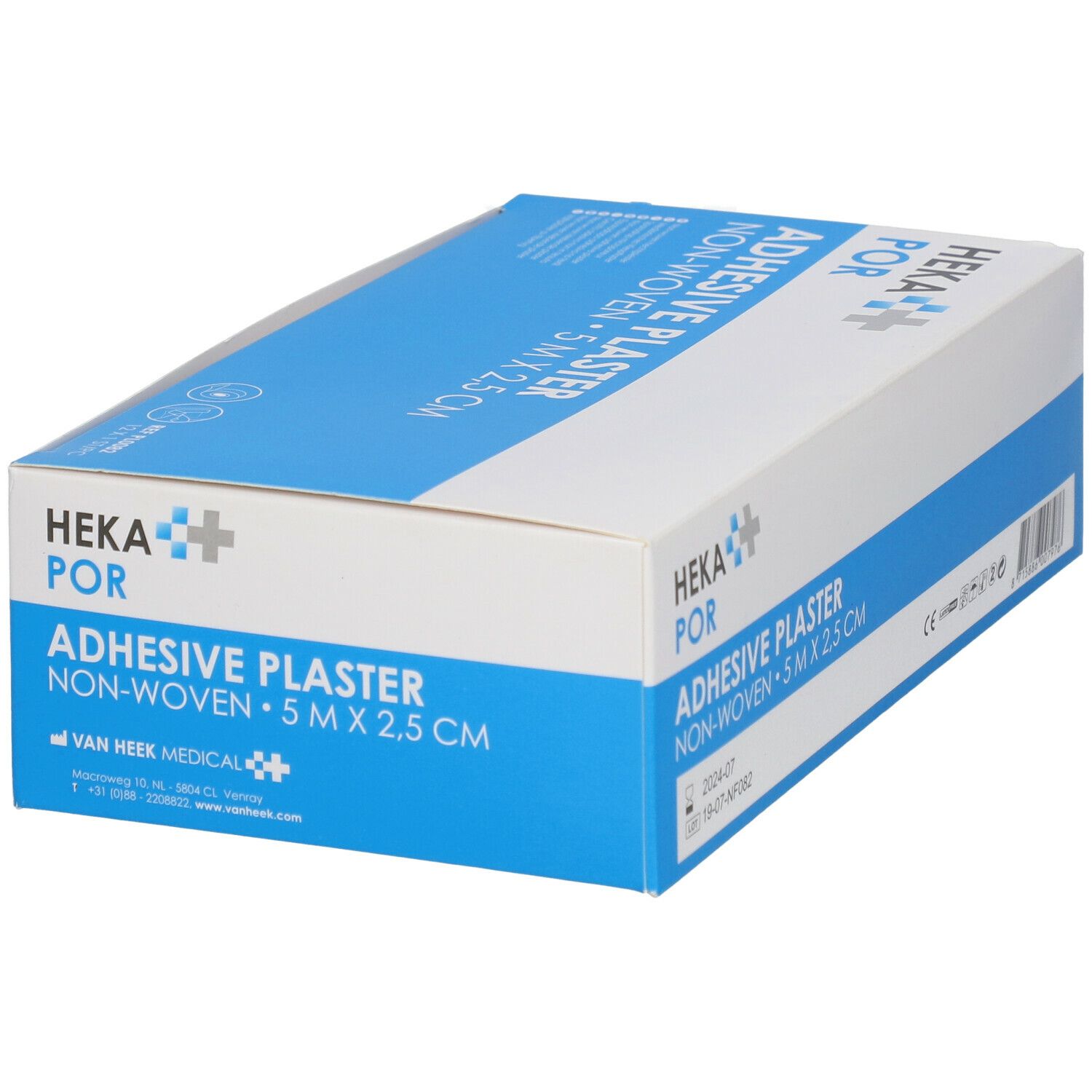 Schuine weergave van de HEKA POR Adhesive Plaster doos. Blauw en witte verpakking met productinformatie en logo.