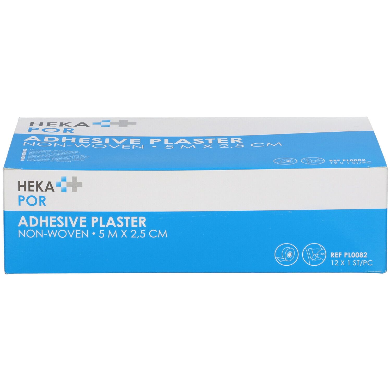 HEKA POR Adhesive Plaster doos. Blauw en witte verpakking met productinformatie en logo. Ref PL0082.