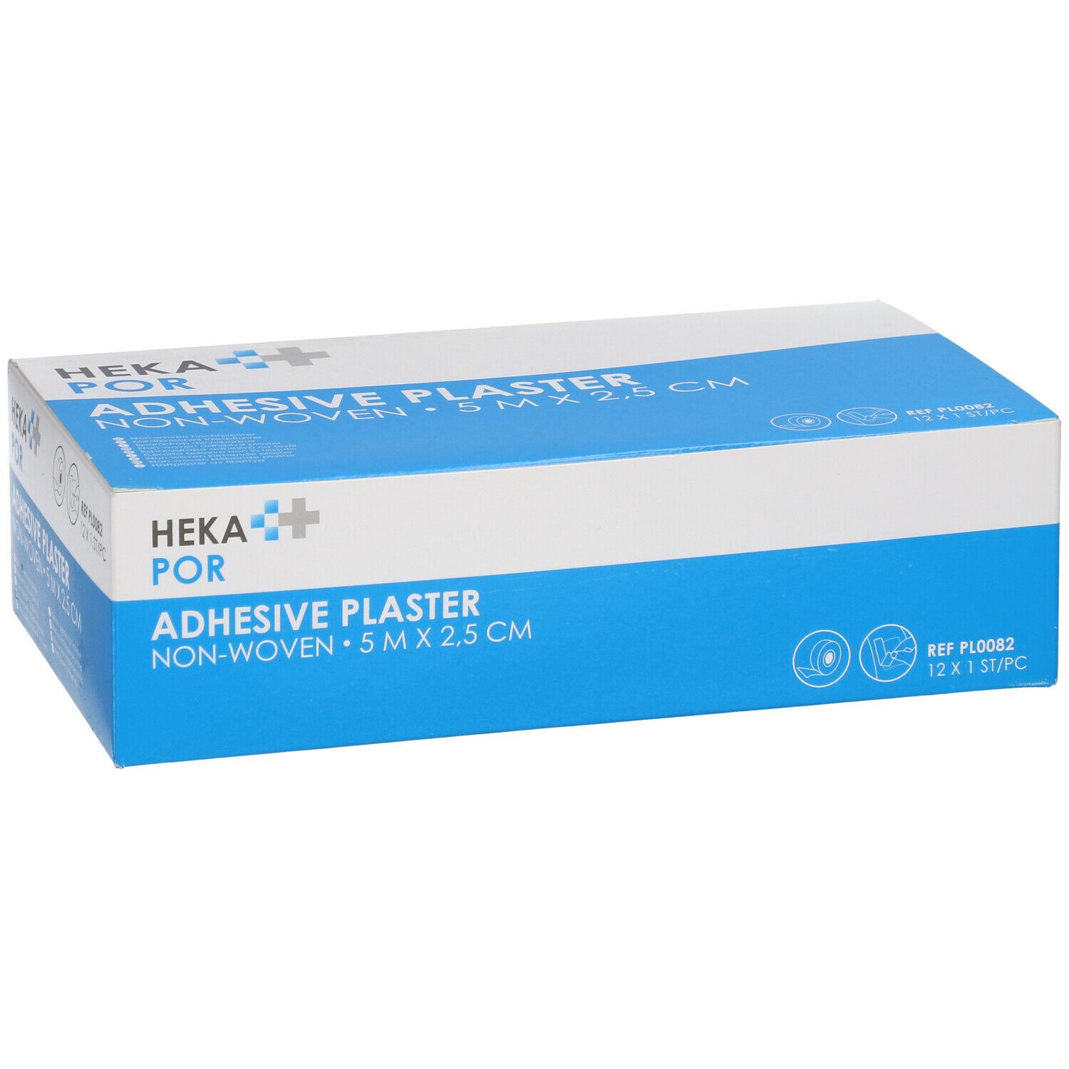 HEKA POR Adhesive Plaster doos. Blauw en witte verpakking met productinformatie en logo. Ref PL0082.