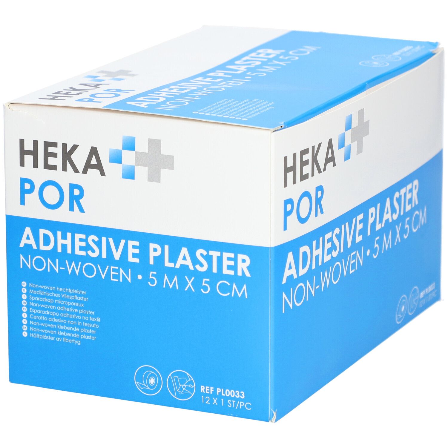 Doosje HEKA POR pleisters. Opschrift: ADHESIVE PLASTER NON-WOVEN 5 m x 5 cm. Blauw en witte verpakking.