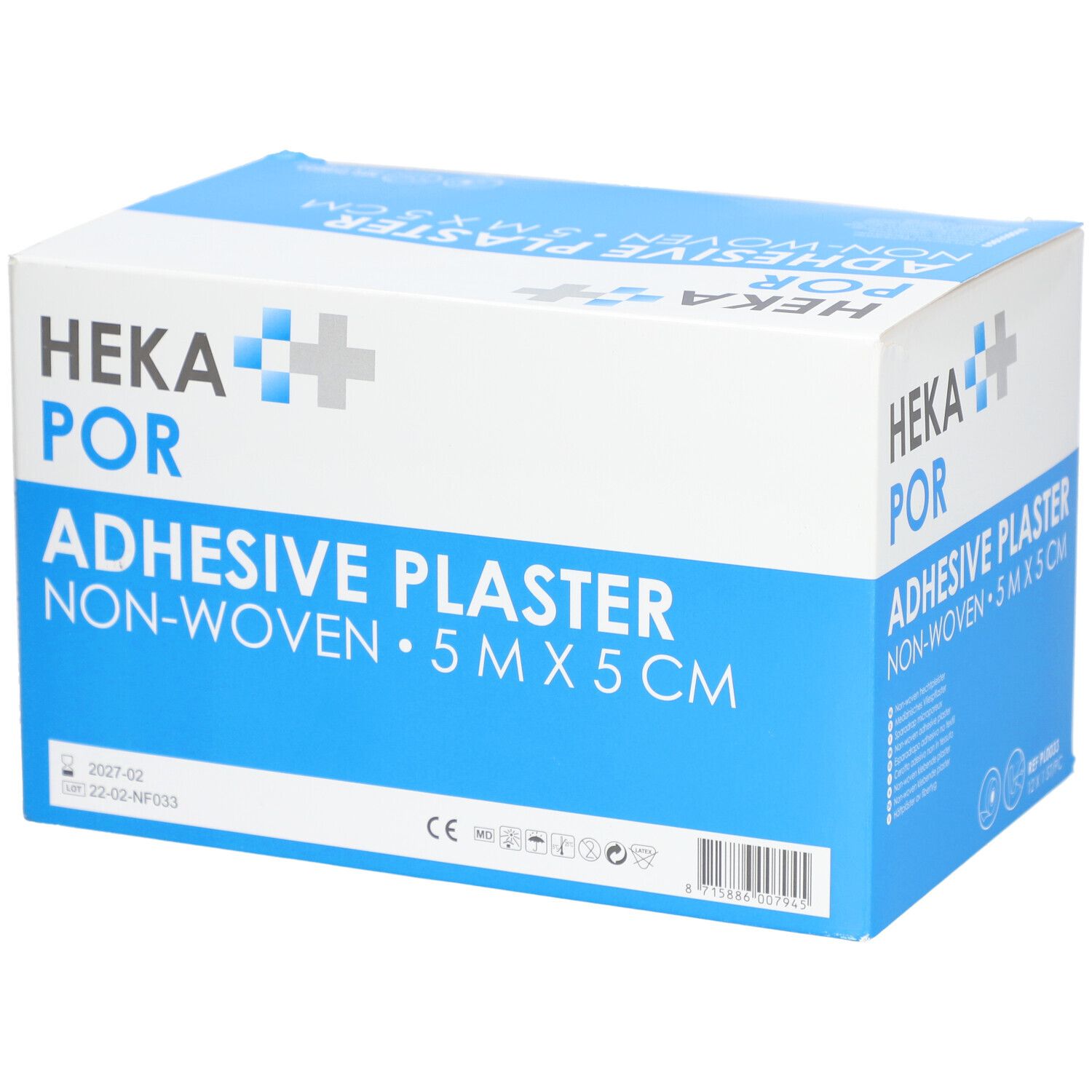 Doosje HEKA POR pleisters. Opschrift: ADHESIVE PLASTER NON-WOVEN 5 m x 5 cm. Blauw en witte verpakking.
