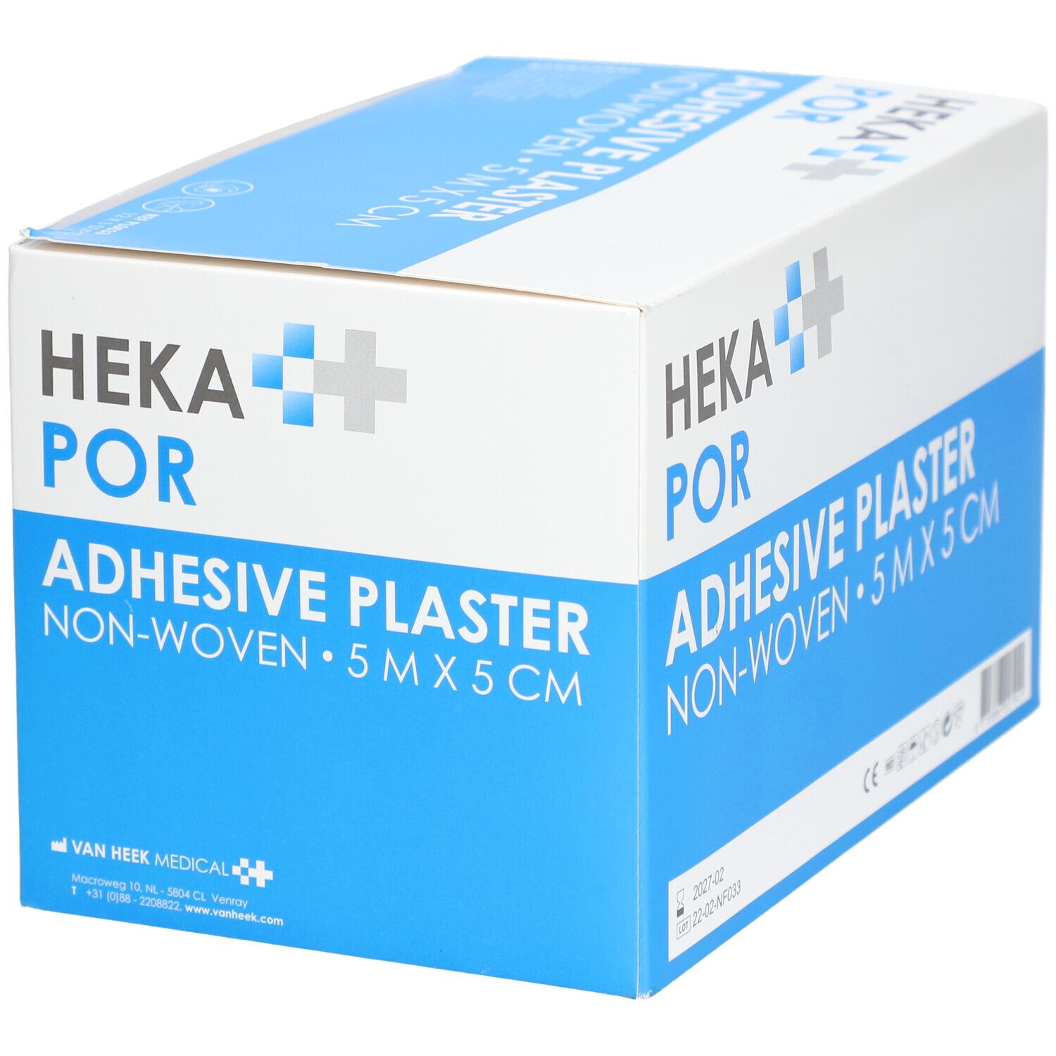 Doosje HEKA POR pleisters. Opschrift: ADHESIVE PLASTER NON-WOVEN 5 m x 5 cm. Blauw en witte verpakking.