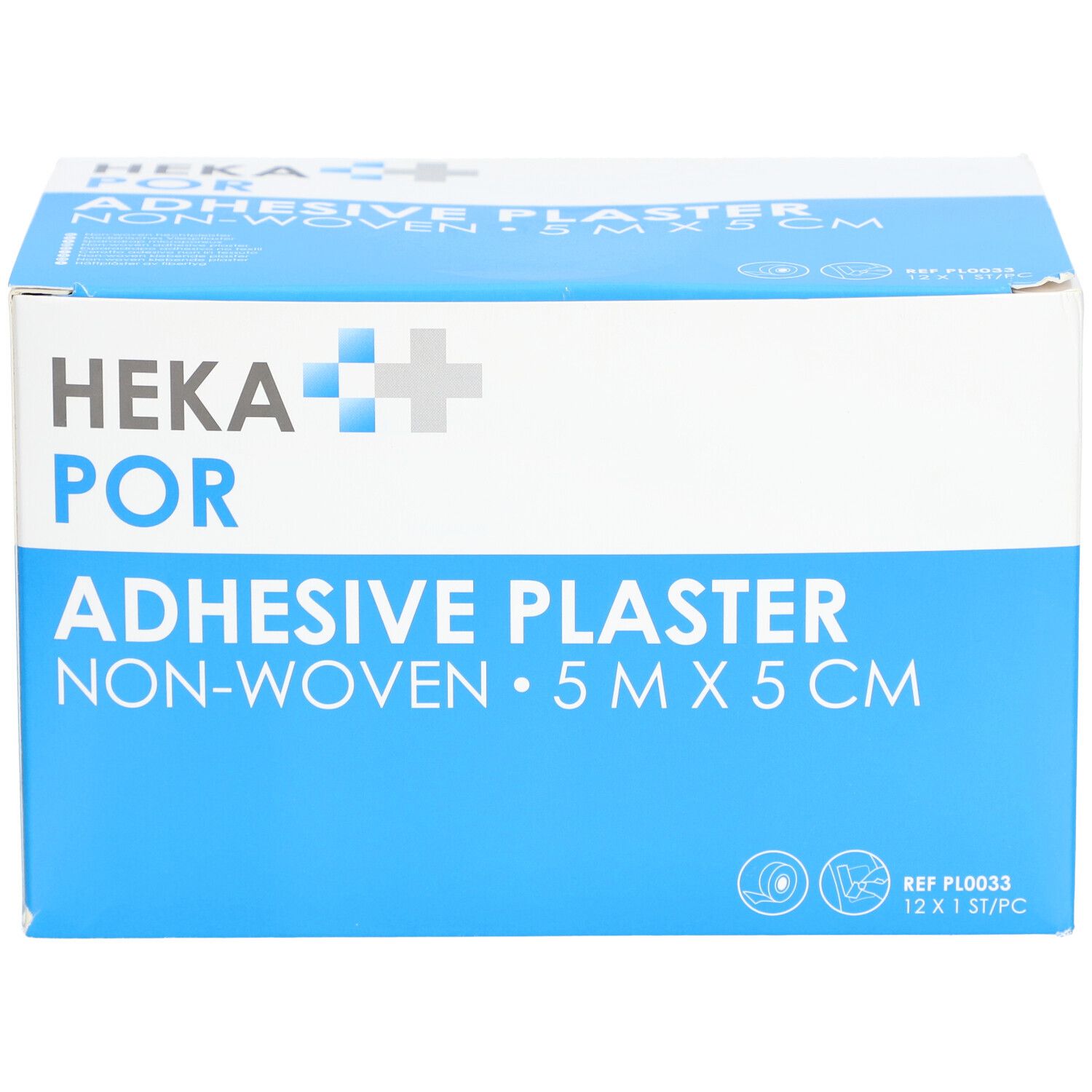 Doosje HEKA POR pleisters. Opschrift: ADHESIVE PLASTER NON-WOVEN 5 m x 5 cm. Blauw en witte verpakking.