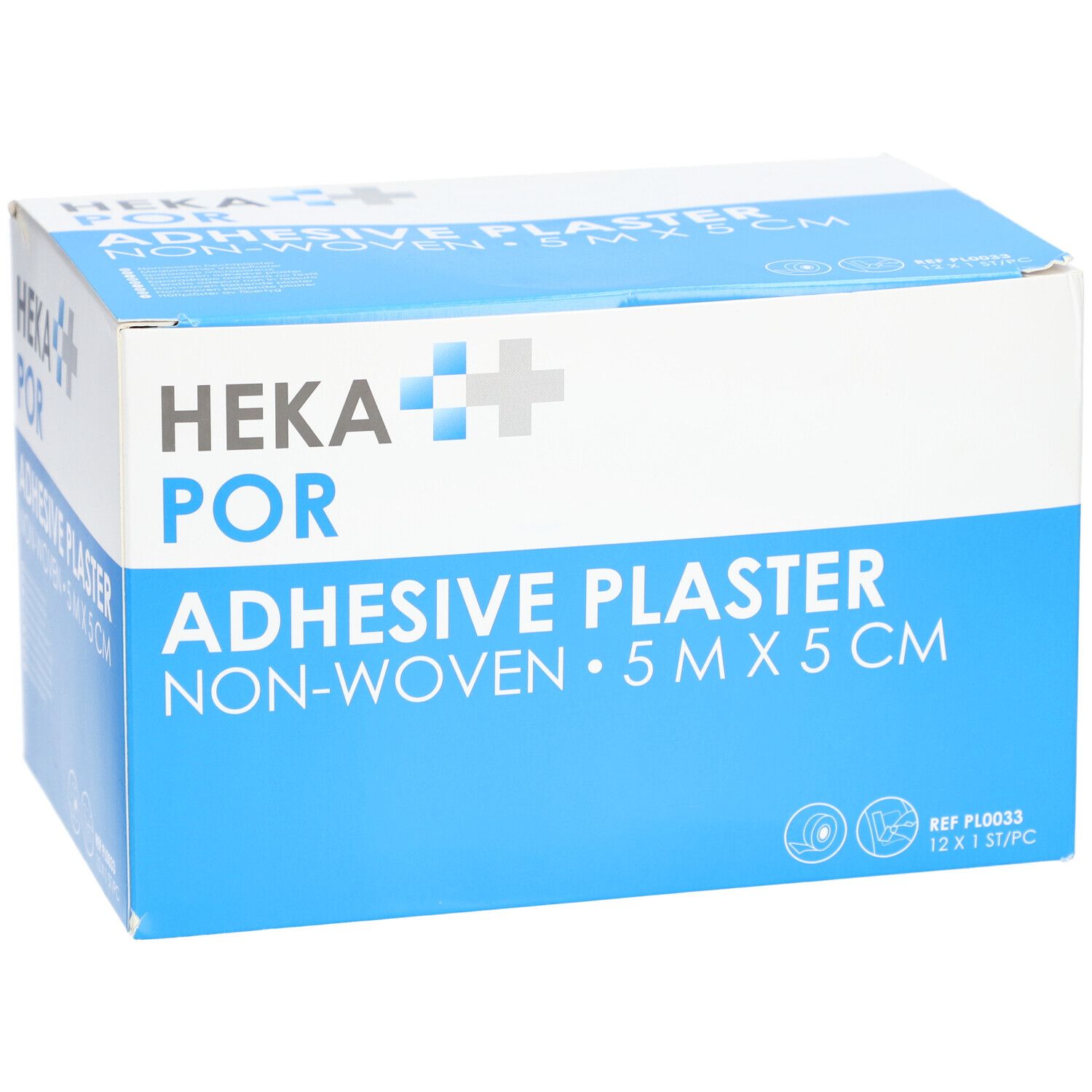 Doosje HEKA POR pleisters. Opschrift: ADHESIVE PLASTER NON-WOVEN 5 m x 5 cm. Blauw en witte verpakking.