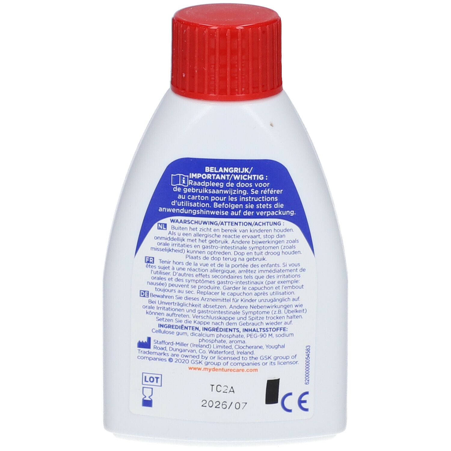 Flacon blanc avec bouchon rouge. Texte multilingue au dos, dont le néerlandais et le français. Marque CE.