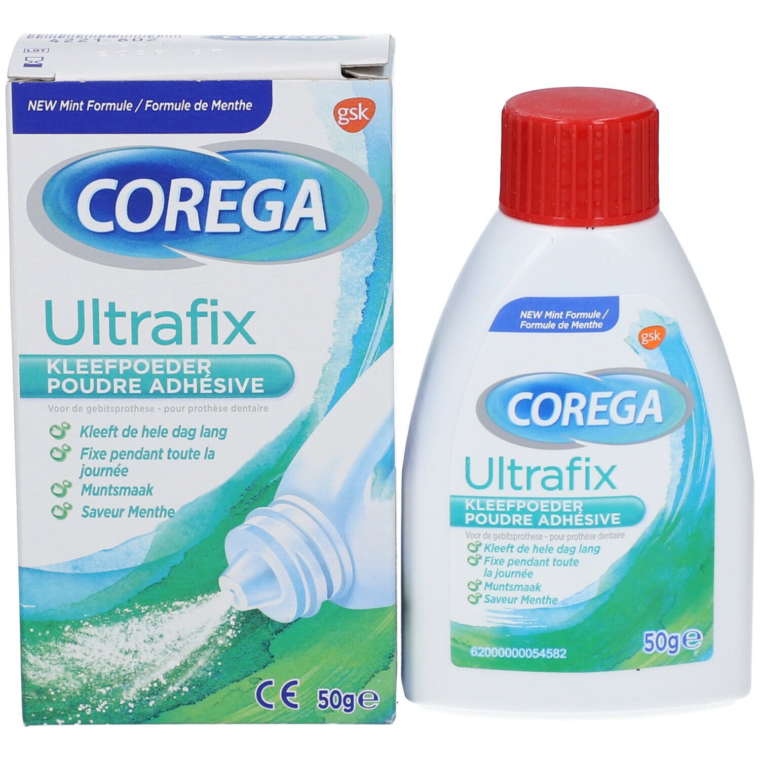 Boîte et flacon Corega Ultrafix Kleefpoeder Adhésive Nouvelle Formule. Formule menthe. 50g. Marque CE.