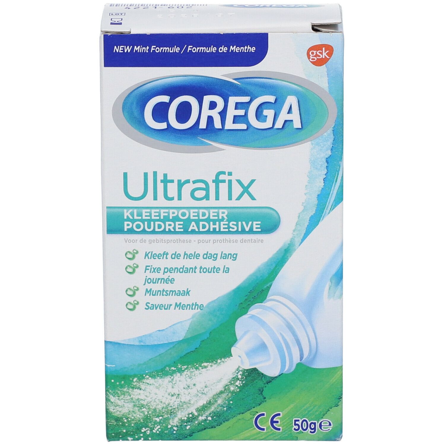 Boîte Corega Ultrafix Kleefpoeder Adhésive Nouvelle Formule. Formule menthe. 50g. Marque CE. Produit montrant de la poudre.