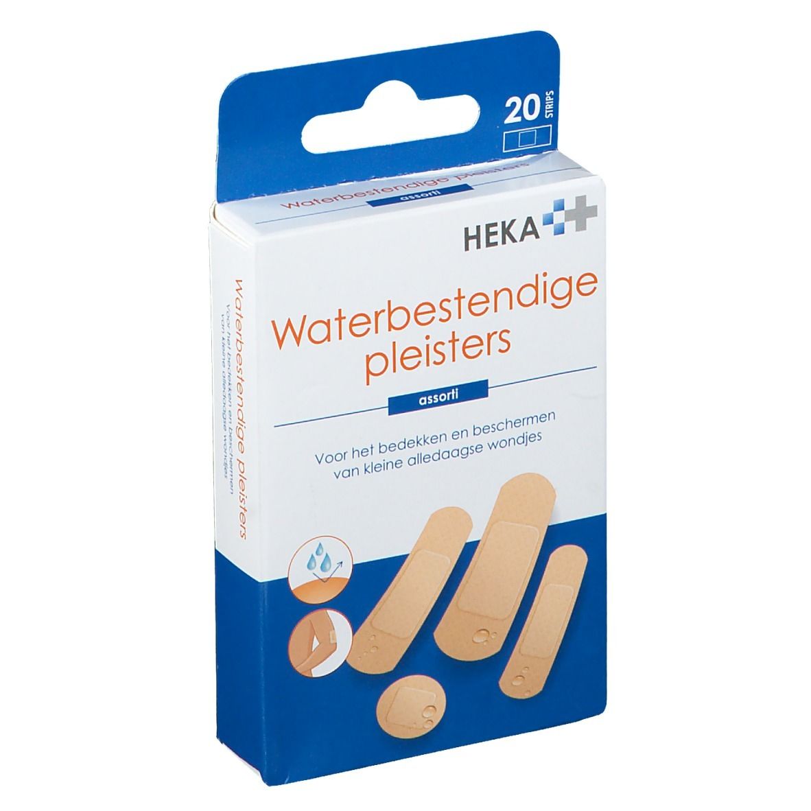 Boîte de pansements HEKA résistants à l'eau. Contient 20 pièces. Différentes tailles sont illustrées.
