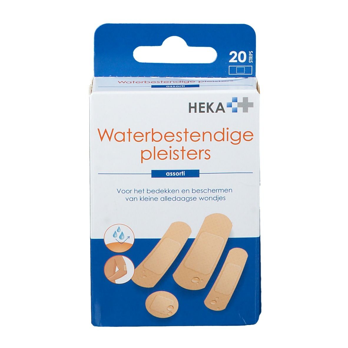 Vue de face de l'emballage de pansements HEKA résistants à l'eau. Montre le produit et le nom de la marque.