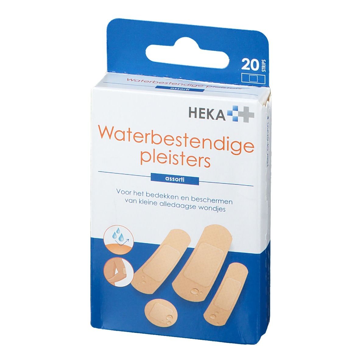 Vue de face de l'emballage de pansements HEKA résistants à l'eau. Montre le produit et le nom de la marque.