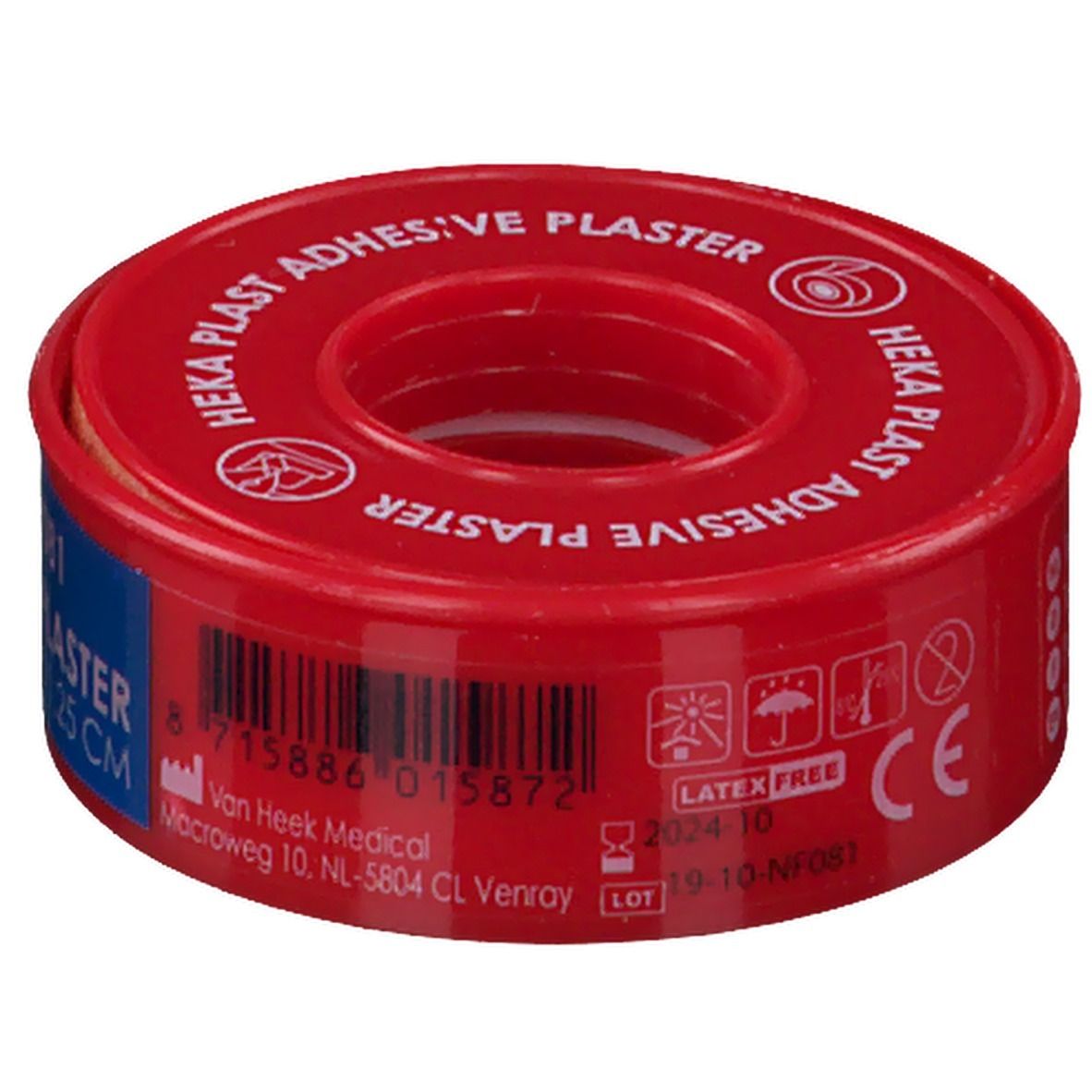 Rouleau de pansement textile rouge. Inscription: HEKA PLAST ADHESIVE PLASTER. Code-barres, symboles, marquage CE. Adresse: Van Heek Medical.