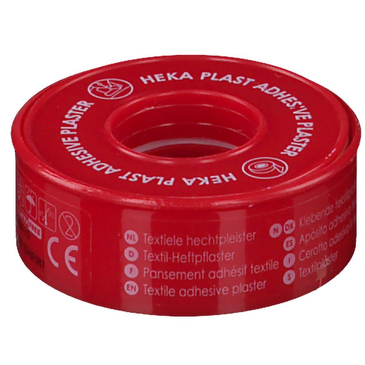 Rouleau de pansement textile rouge. Inscription: HEKA PLAST ADHESIVE PLASTER. Symboles, marquage CE. Étiquetage multilingue.