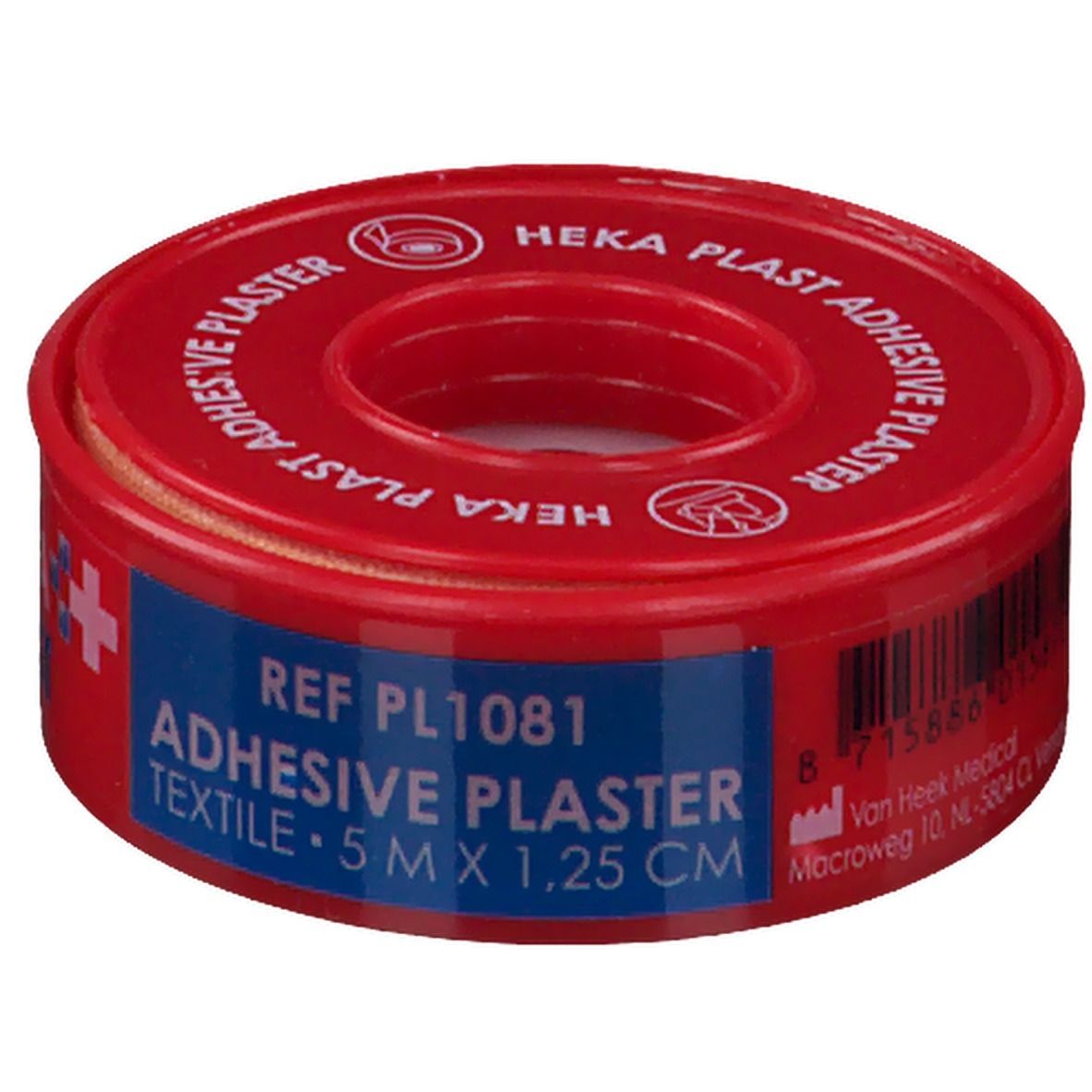 Rouleau de pansement textile rouge. Inscription: HEKA PLAST ADHESIVE PLASTER. Étiquette bleue: REF PL1081, TEXTILE 5 M X 1.25 CM.