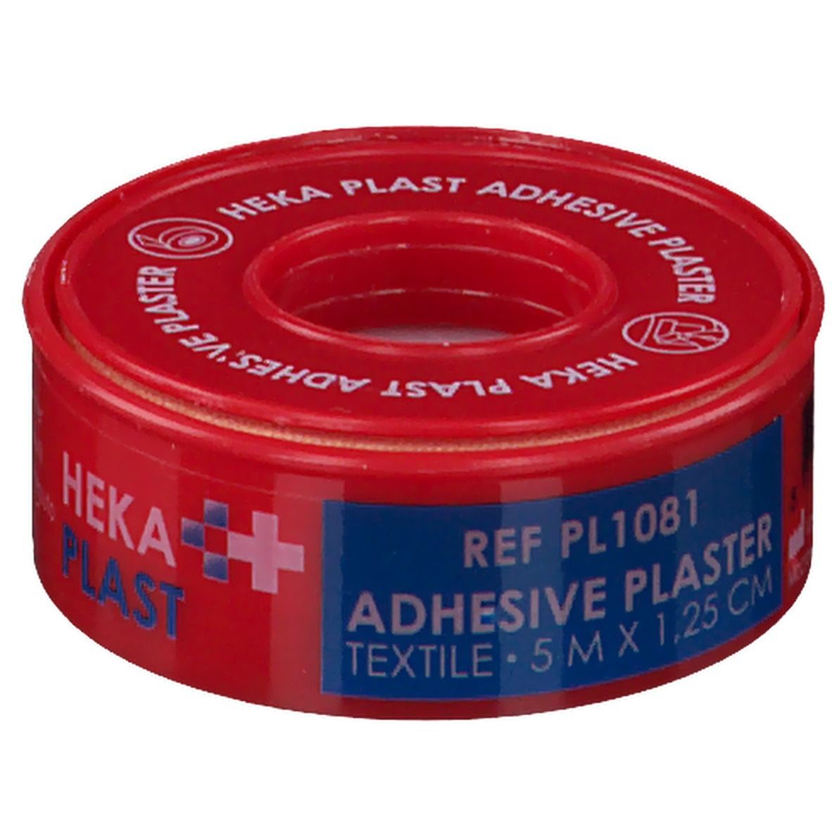 Rouleau de pansement textile rouge. Inscription: HEKA PLAST ADHESIVE PLASTER. Étiquette bleue: REF PL1081, TEXTILE 5 M X 1.25 CM.
