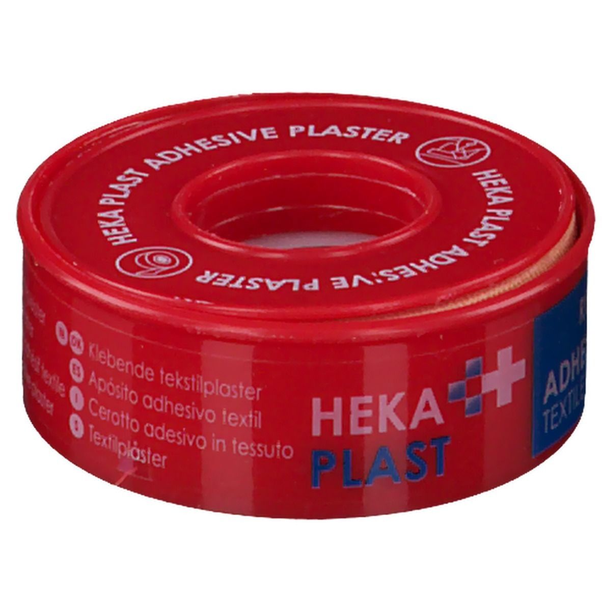 Rouleau de pansement textile rouge. Inscription: HEKA PLAST. Étiquette bleue: ADHESIVE TEXTILE. Étiquetage multilingue.
