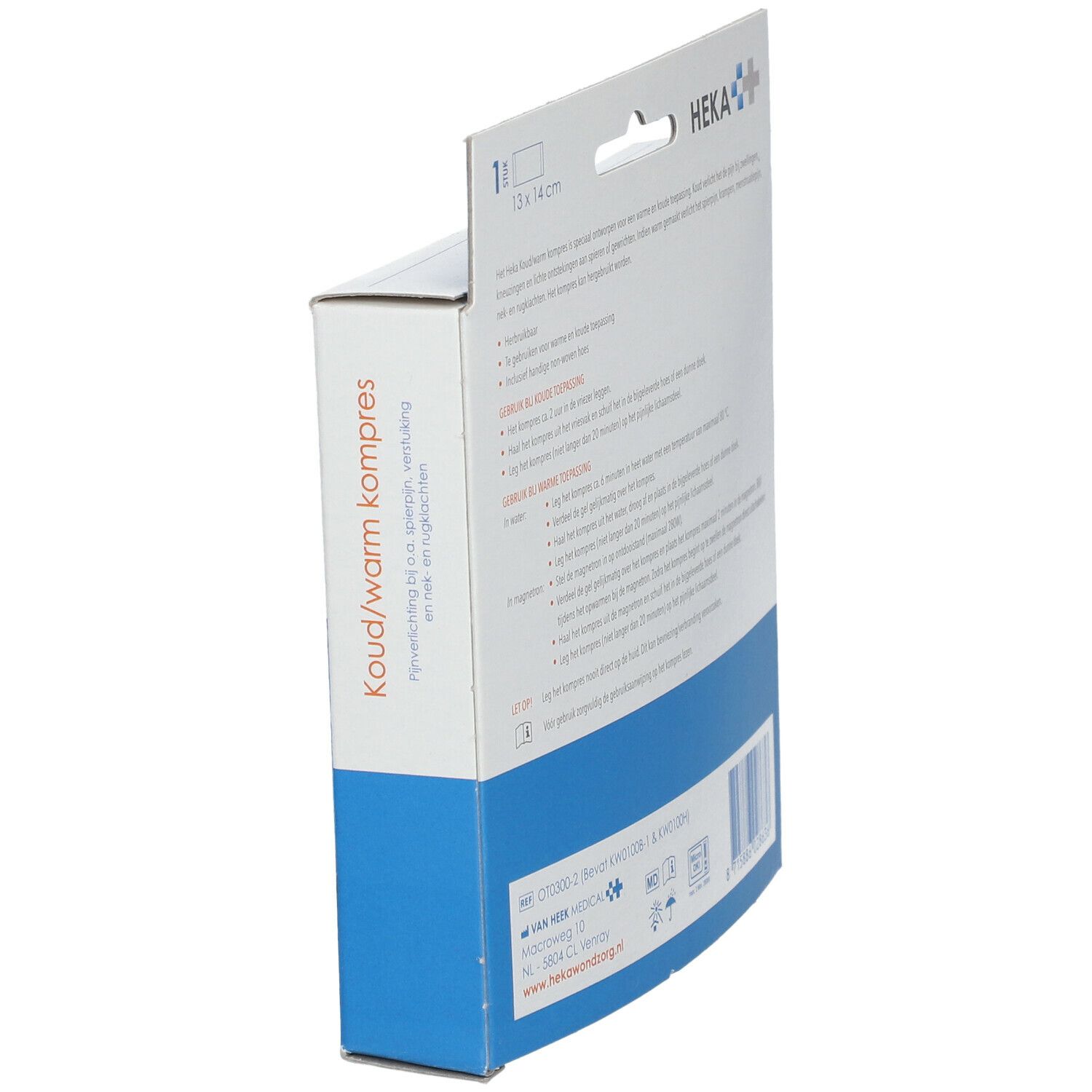 Zijaanzicht van de verpakking. Opschrift: Heka, Koud/warm kompres. Blauwe kompres zichtbaar. Tekst en logo's.