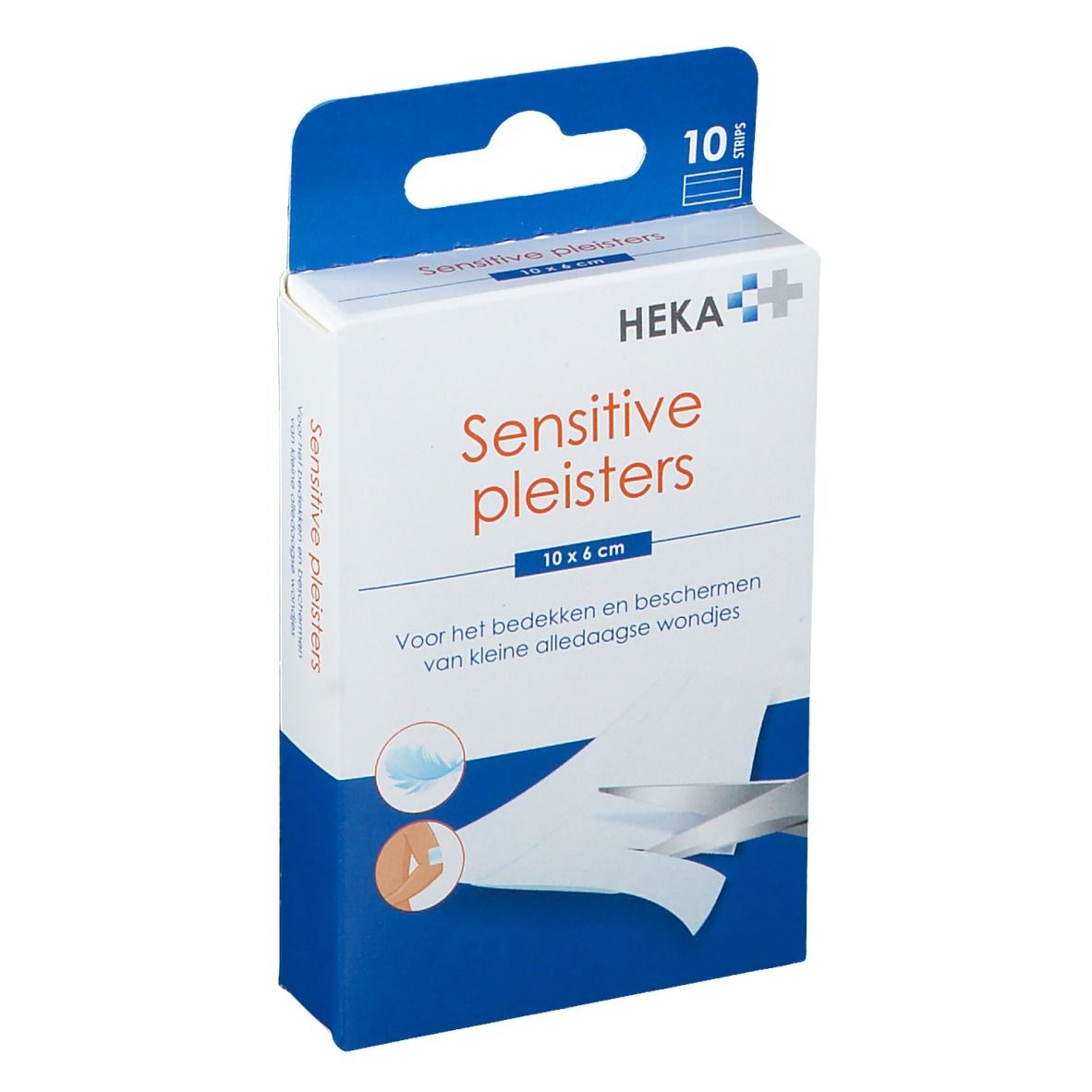 Verpakking pleisters. Opschrift: Sensitive pleisters, 10 x 6 cm. Merk: HEKA. Bevat 10 stuks.