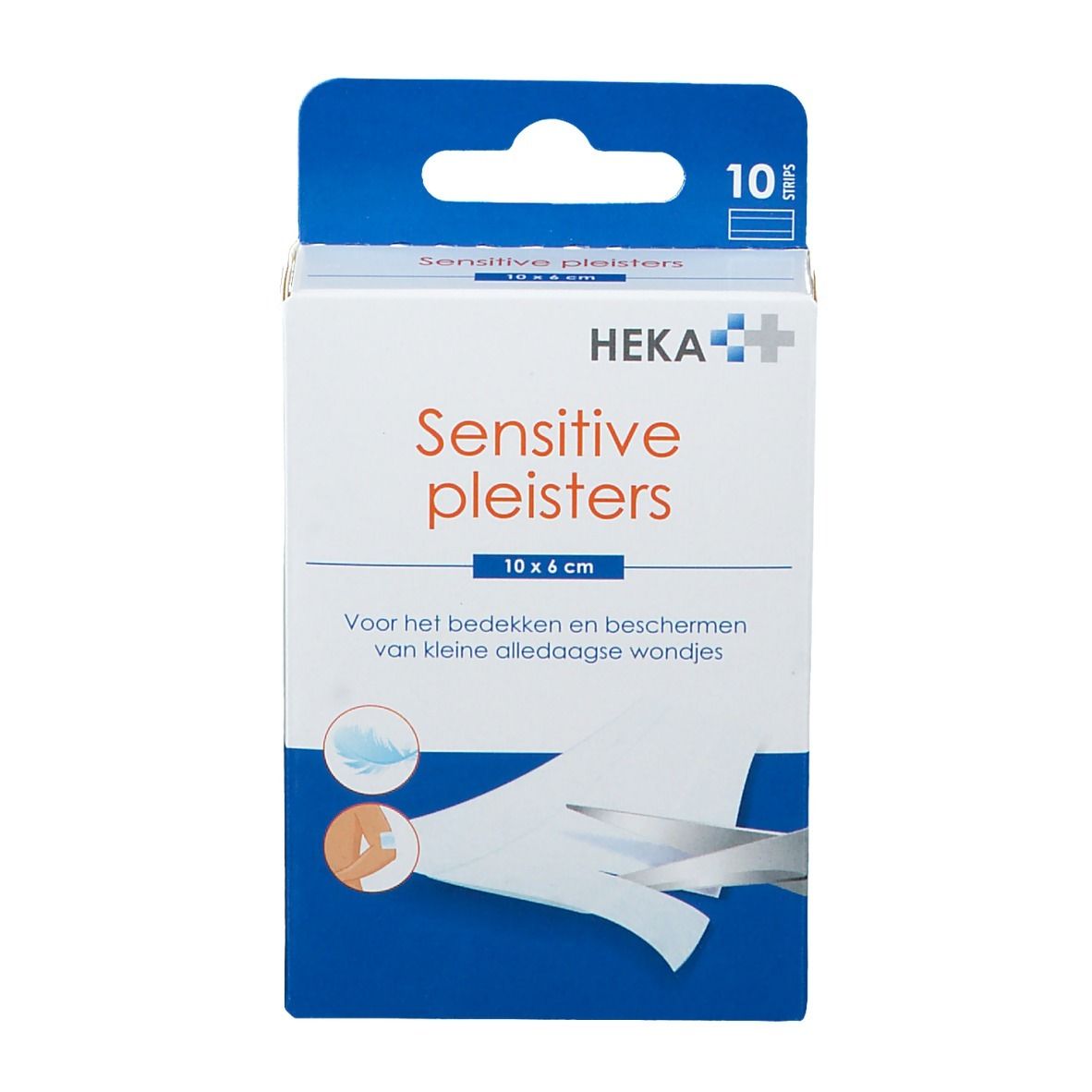 Verpakking pleisters. Opschrift: Sensitive pleisters, 10 x 6 cm. Merk: HEKA. Bevat 10 stuks.