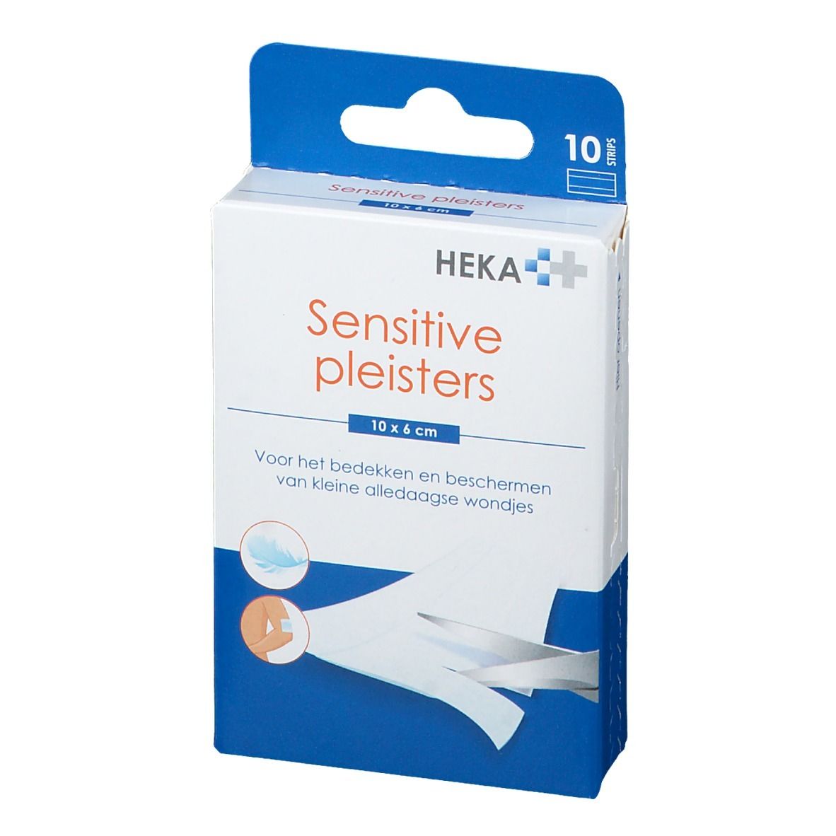 Verpakking pleisters. Opschrift: Sensitive pleisters, 10 x 6 cm. Merk: HEKA. Bevat 10 stuks.