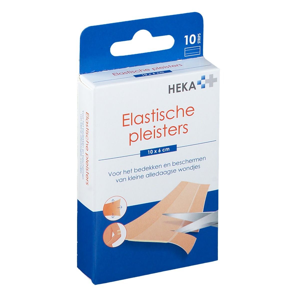 Verpakking elastische pleisters. Opschrift: Heka, 10 x 4 cm, 10 stuks. Illustratie: pleister met schaar.