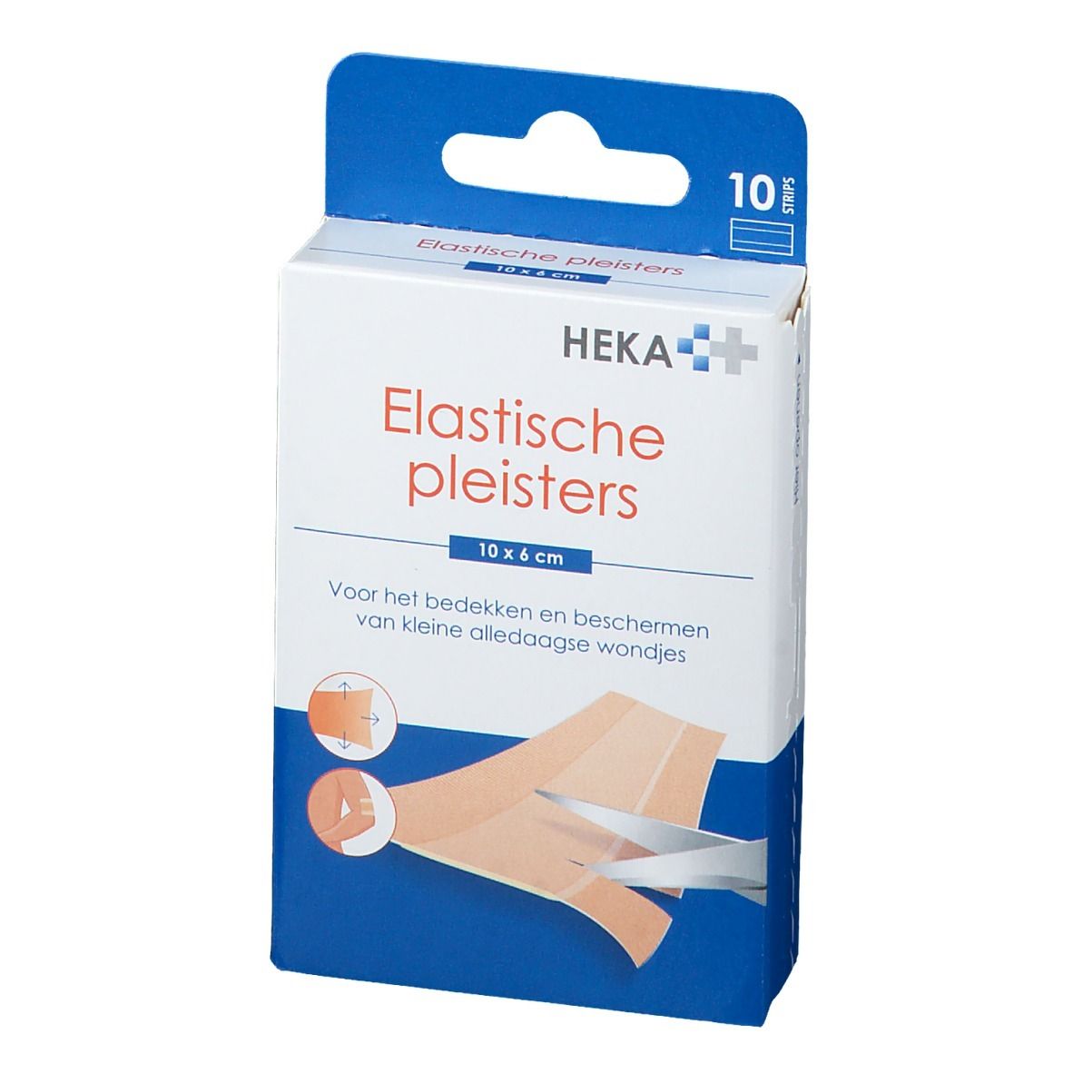 Verpakking elastische pleisters. Opschrift: Heka, 10 x 6 cm, 10 stuks. Illustratie: pleister met schaar.