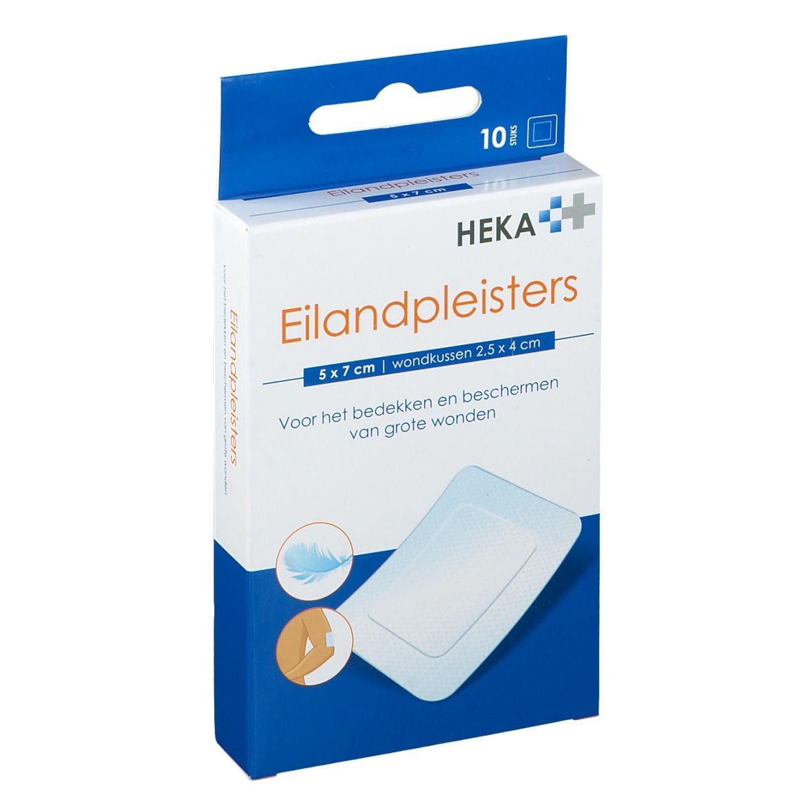 Boîte de pansements HEKA Eilandpleisters. Pansement visible, taille 5x7cm. Contient 10 pièces. Emballage bleu et blanc.