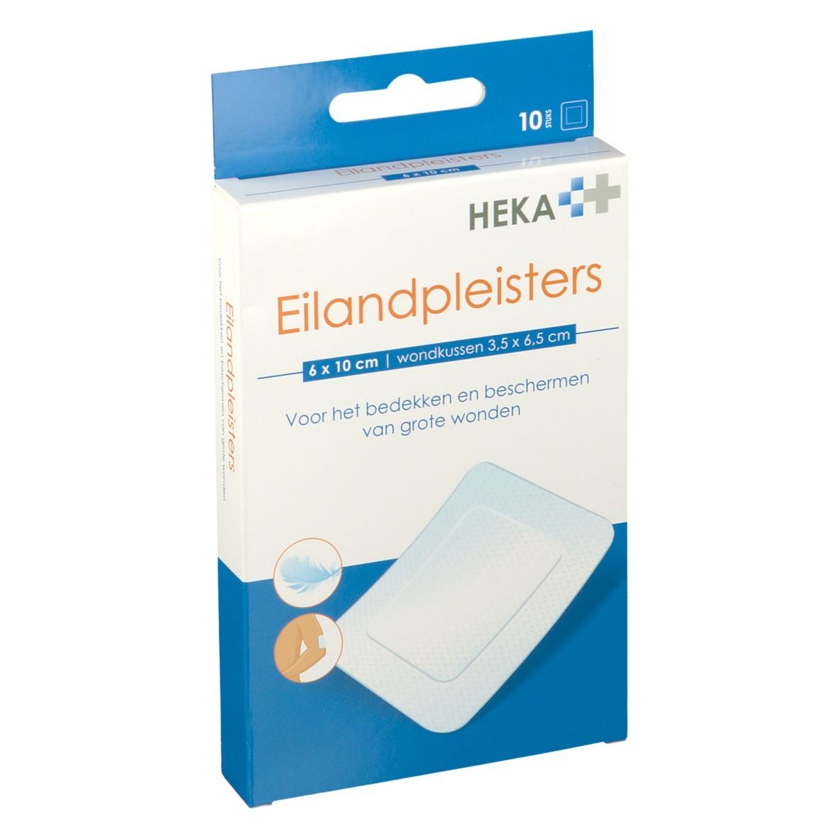 Verpakking met 10 pleisters. Merk Heka. Afmeting 6x10cm. Bevat een wondkussen. Blauw en witte verpakking.