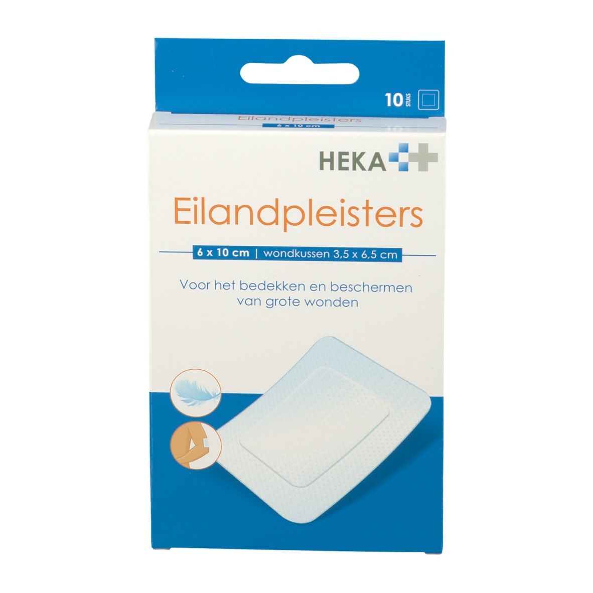Verpakking met 10 pleisters. Merk Heka. Afmeting 6x10cm. Bevat een wondkussen. Blauw en witte verpakking.