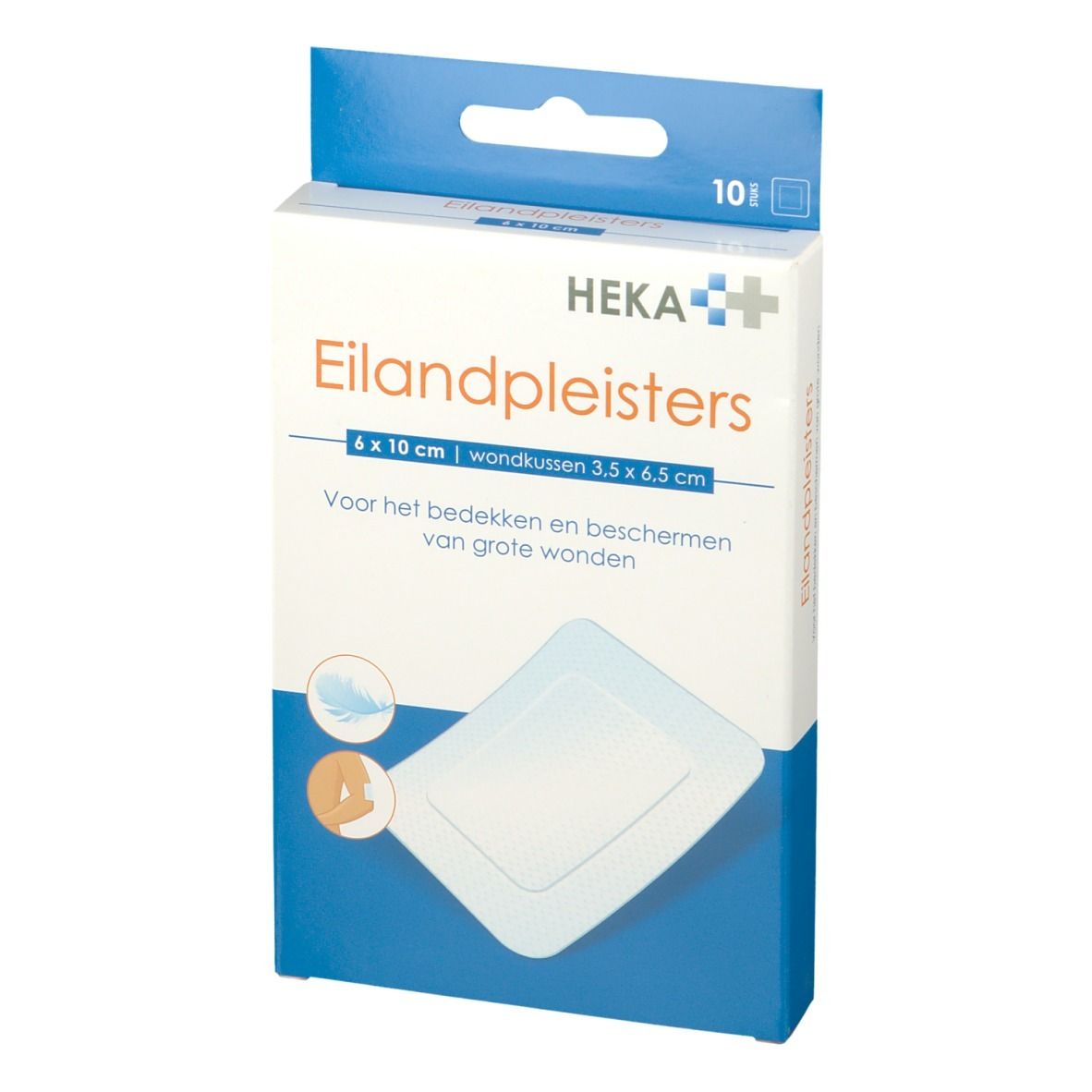 Verpakking met 10 pleisters. Merk Heka. Afmeting 6x10cm. Bevat een wondkussen. Blauw en witte verpakking.