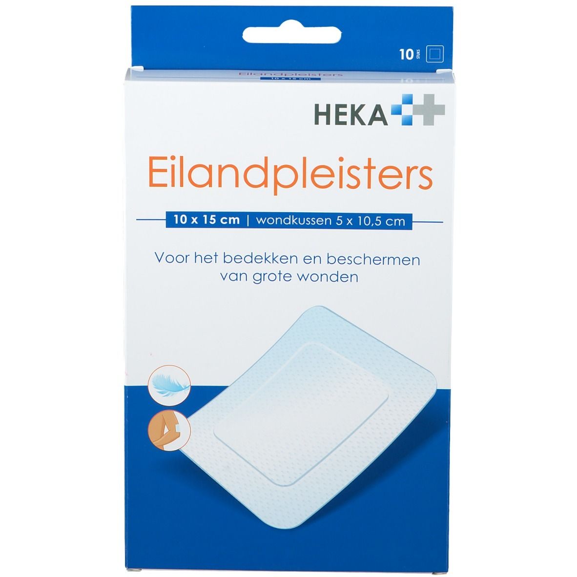 Verpakking van Heka Eilandpleisters. Blauw-witte doos met productafbeelding en tekst. Afmetingen 10x15cm.