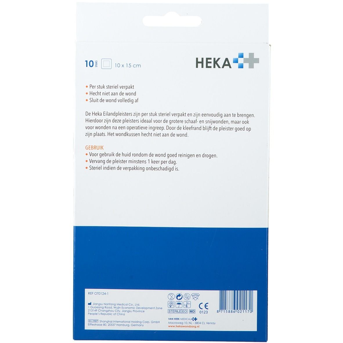 Achterkant van de Heka Eilandpleisters verpakking. Tekst in het Nederlands. Bevat informatie over het product en gebruik.