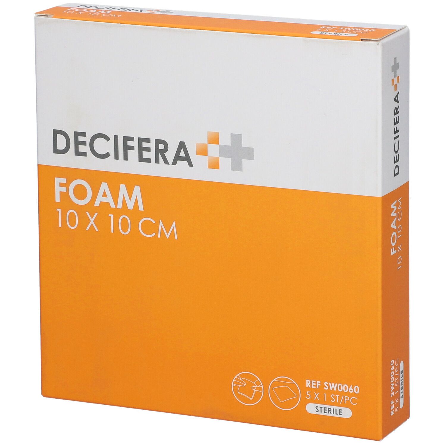 Boîte DECIFERA FOAM 10 x 10 cm. Emballage orange et blanc avec nom et dimensions du produit. Stérile.