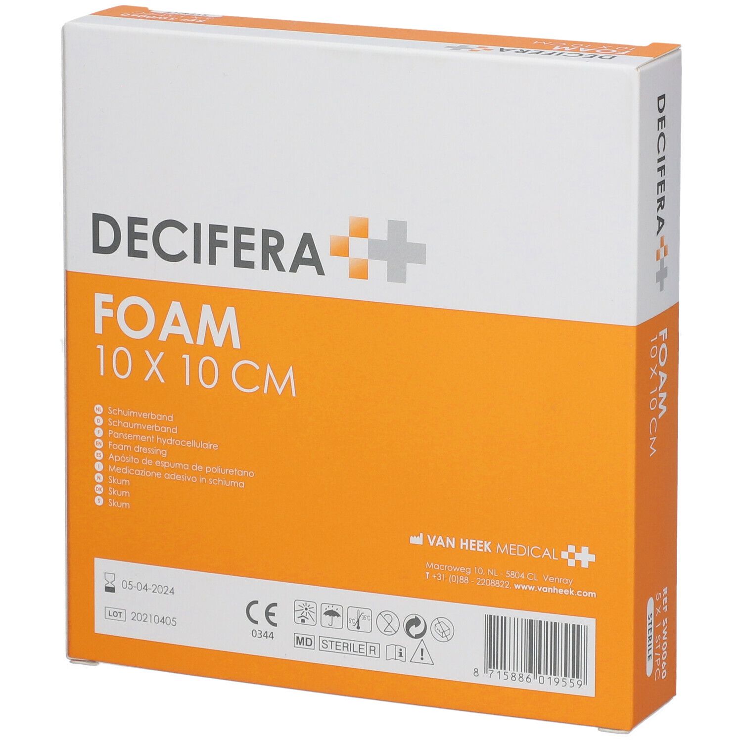 Emballage DECIFERA FOAM 10 x 10 cm. Boîte orange et blanche avec informations produit et marquage CE. Stérile.