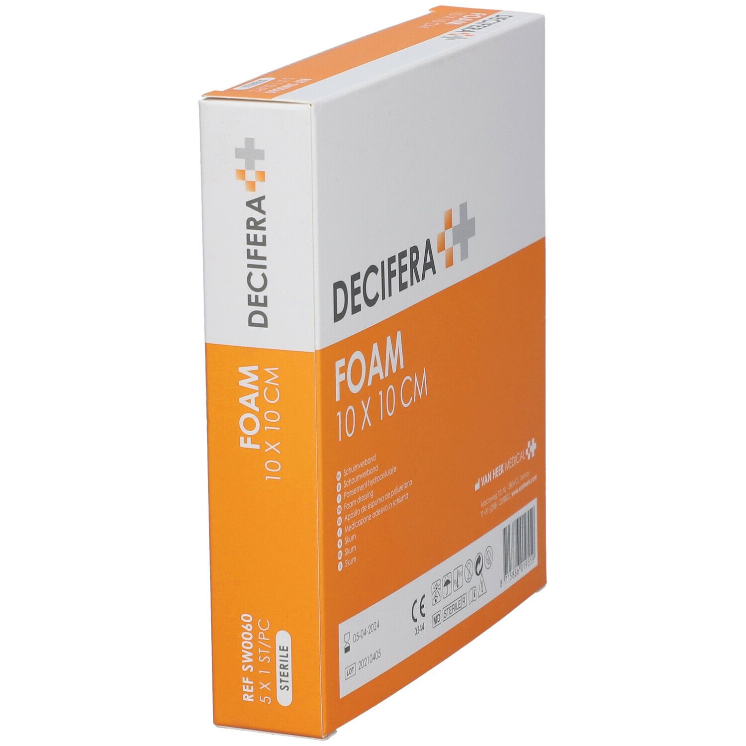 Emballage DECIFERA FOAM 10 x 10 cm. Boîte orange et blanche avec informations produit et marquage CE. Stérile.