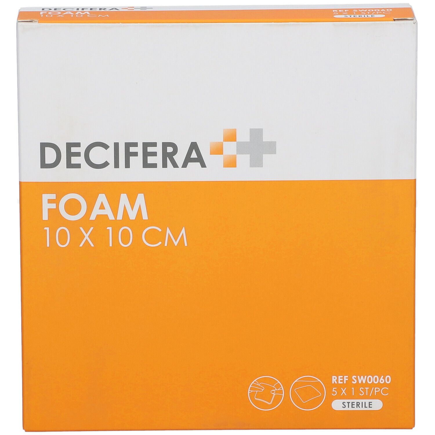 Emballage DECIFERA FOAM 10 x 10 cm. Boîte orange et blanche avec nom et dimensions du produit. Stérile.