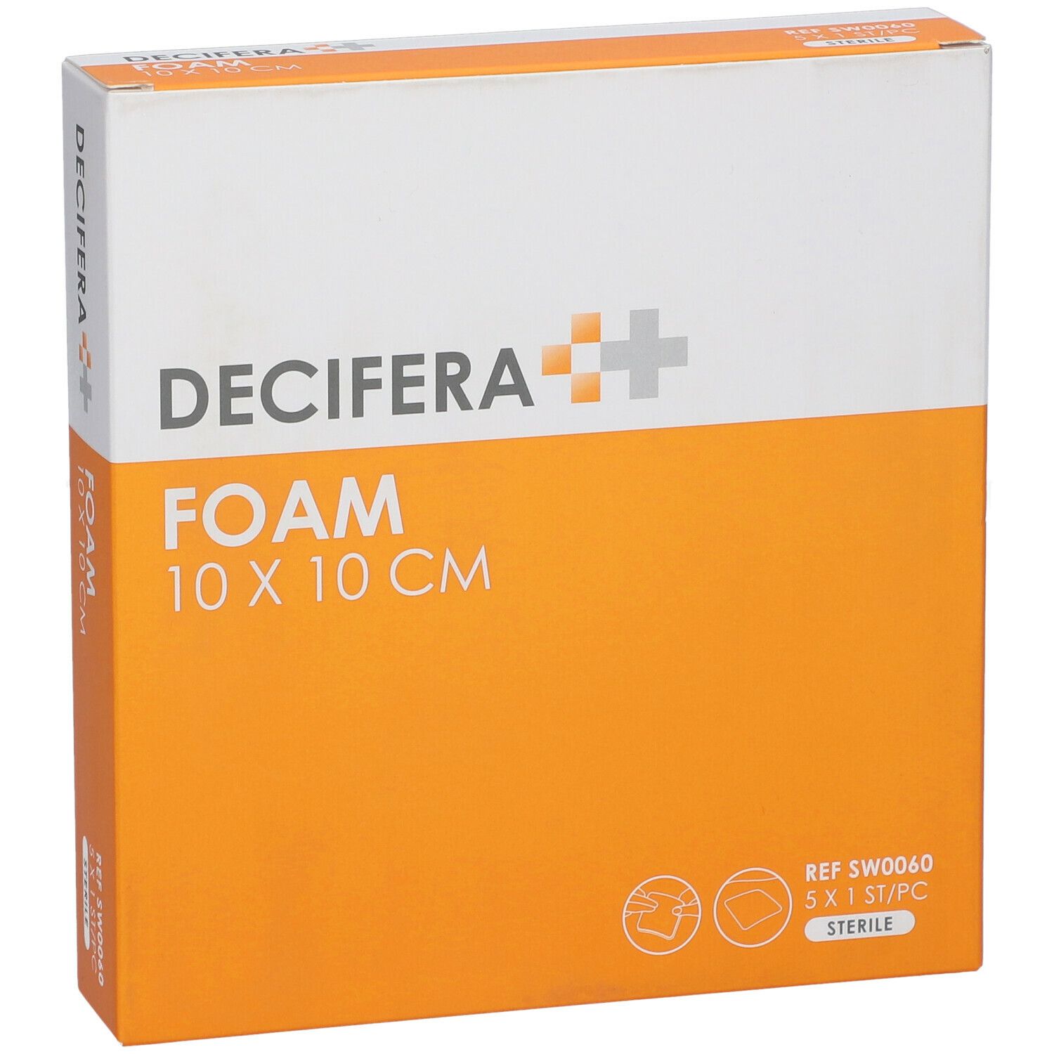 Emballage DECIFERA FOAM 10 x 10 cm. Boîte orange et blanche avec nom et dimensions du produit. Stérile.