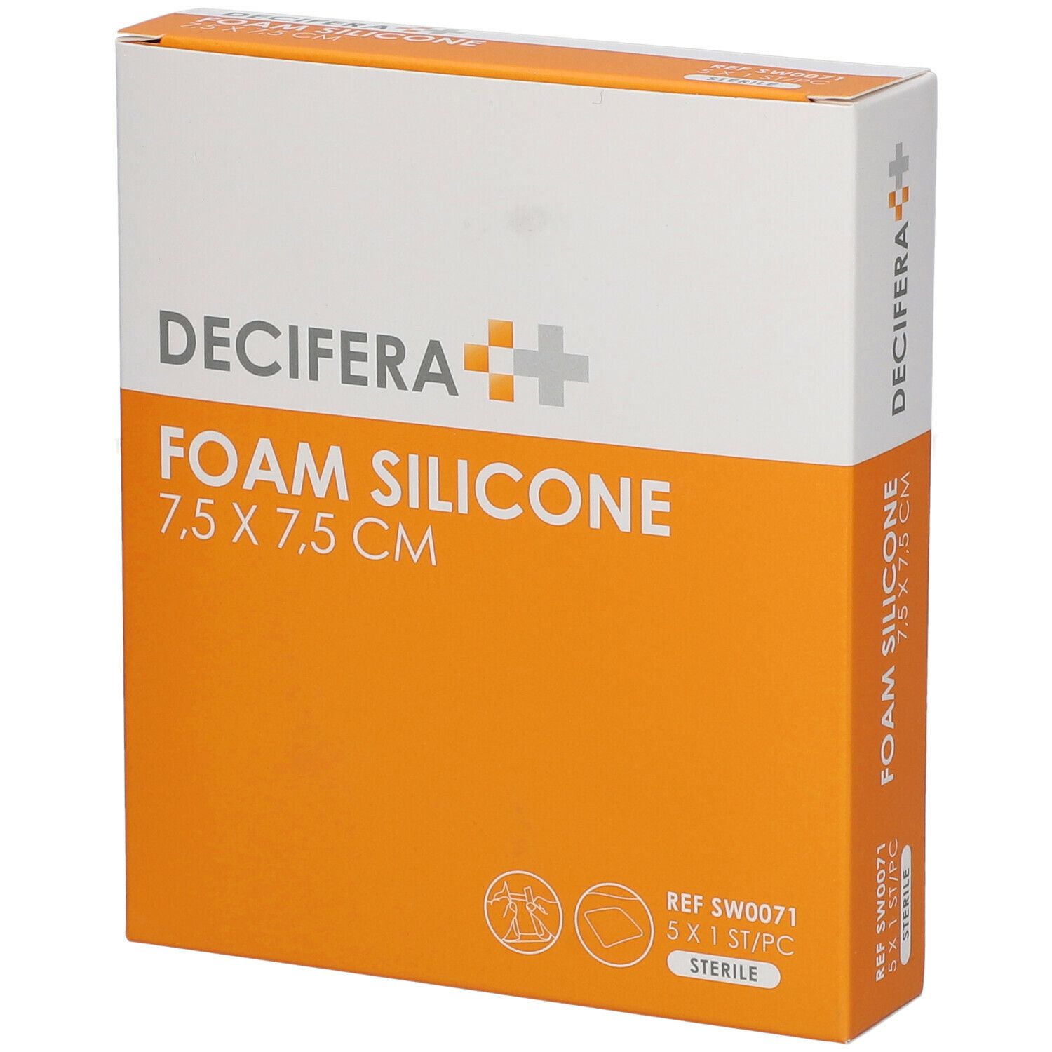Emballage DECIFERA Foam Silicone 7,5 x 7,5 cm. Orange et blanc. Nom du produit et taille visibles.