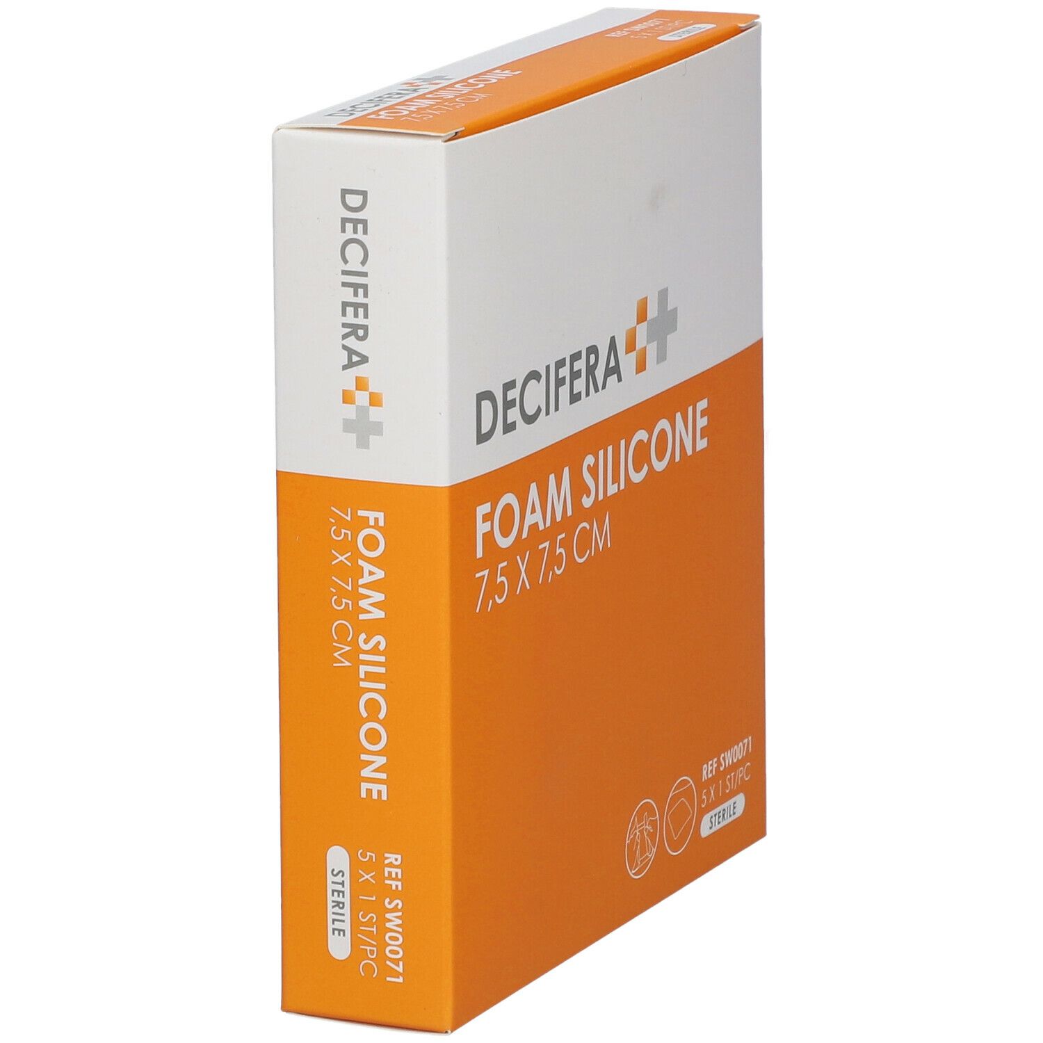 Emballage DECIFERA Foam Silicone 7,5 x 7,5 cm. Orange et blanc. Nom du produit et taille visibles.